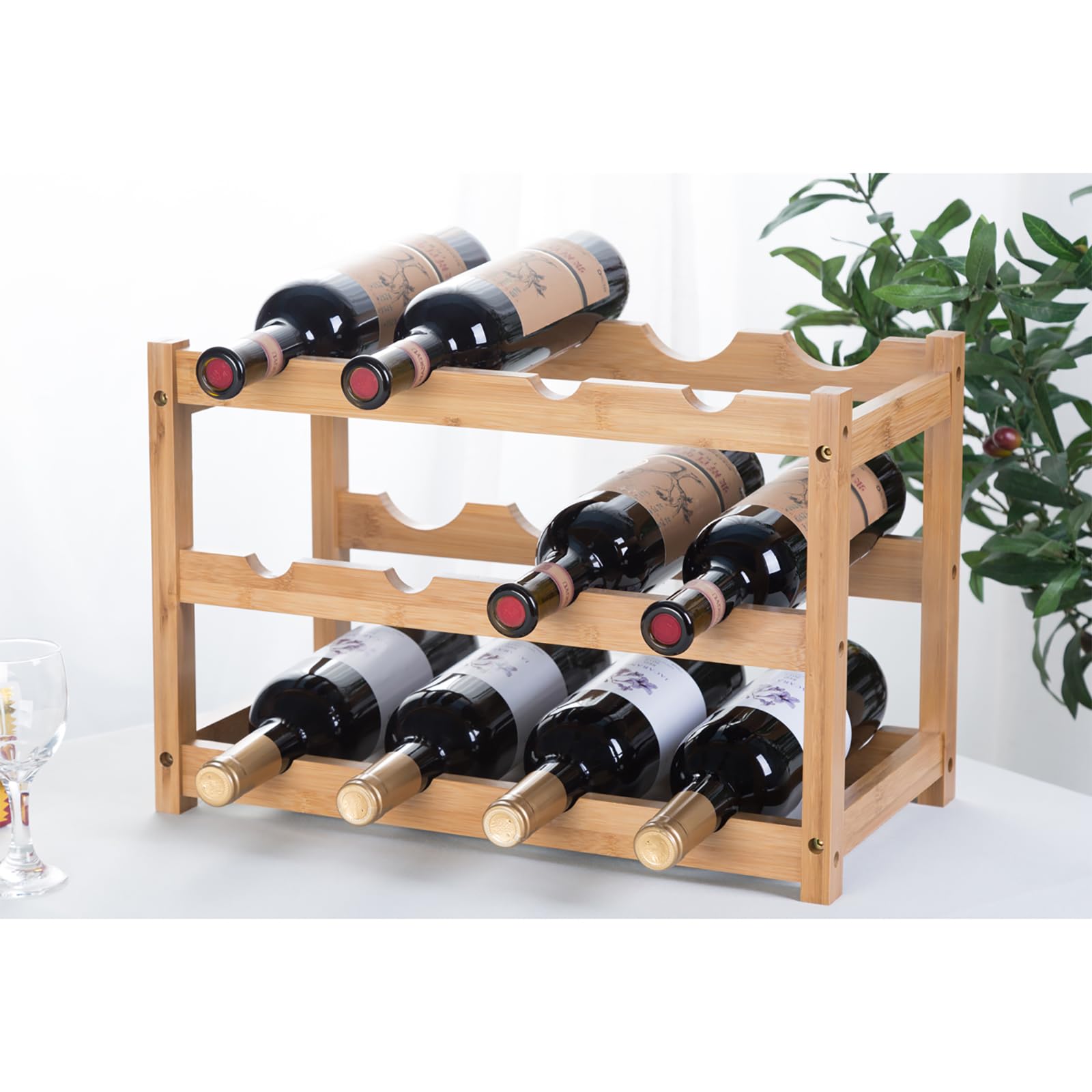 YunNasi Portabottiglie di Vino Bambù Naturale, 3 Livelli-12 Bottiglie | Portabottiglie da Tavolo Classic, Espositore Bottiglie Scaffale Cantinetta Vino per Cucina Bar e Cantina