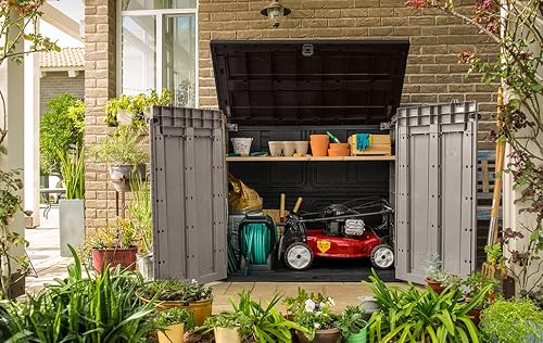 Keter Store It Out Pro Outdoor Garden Furniture Storage Shed Beige with Brown Lid Fade Free All Weather Resistant Safe and Secure Zero Maintenance 5 year Warranty - 7