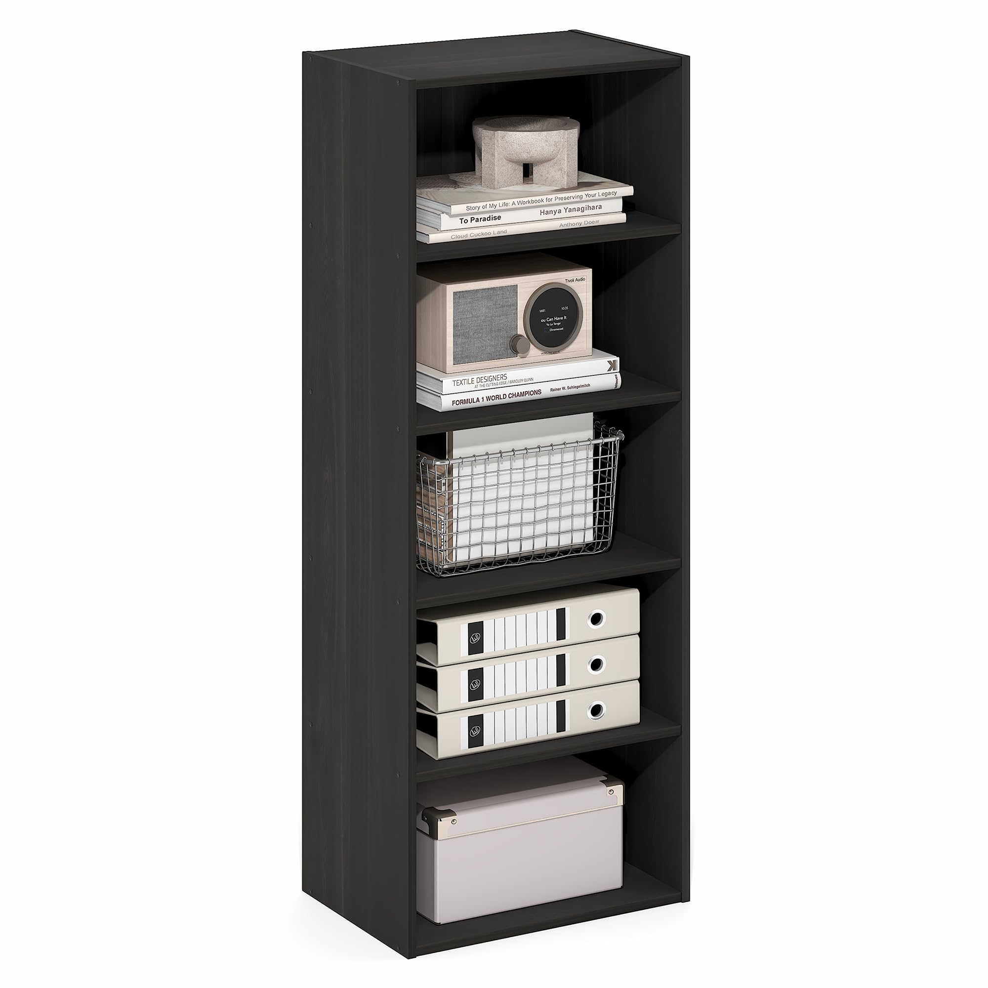 Furinno Basic Book Shelf, 5-Tier Bookshelf, Storage Organizer Bookcase with Open Shelf, 11 x 17 x 44, for Living Room, Bedroom, Home Office, Espresso