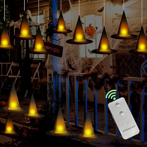taupphoo 24 sombreros de bruja negros de Halloween, sombreros de bruja flotantes iluminados con control remoto, luces de té, murciélagos 3D,