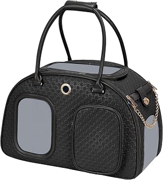 Stylish Luxury Dog Carrier Purse for Small Dogs, Ventilated Pet Soft-Sided Dog Cat Carrier Travel Tote Bag for Puppies Small Animals with Pockets Black, 16.9inch x 9inch x 11.8inchLxWxH