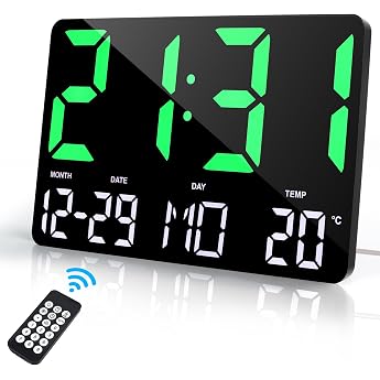 Lafocuse 12 Inch Digital Wall Clock Table Clock LED Large Display Digital Clock Without Ticking Noises with Remote Control Large Numbers Date Temperature Alarm Clock Snooze for Decor Bedroom Living Room Office Green
