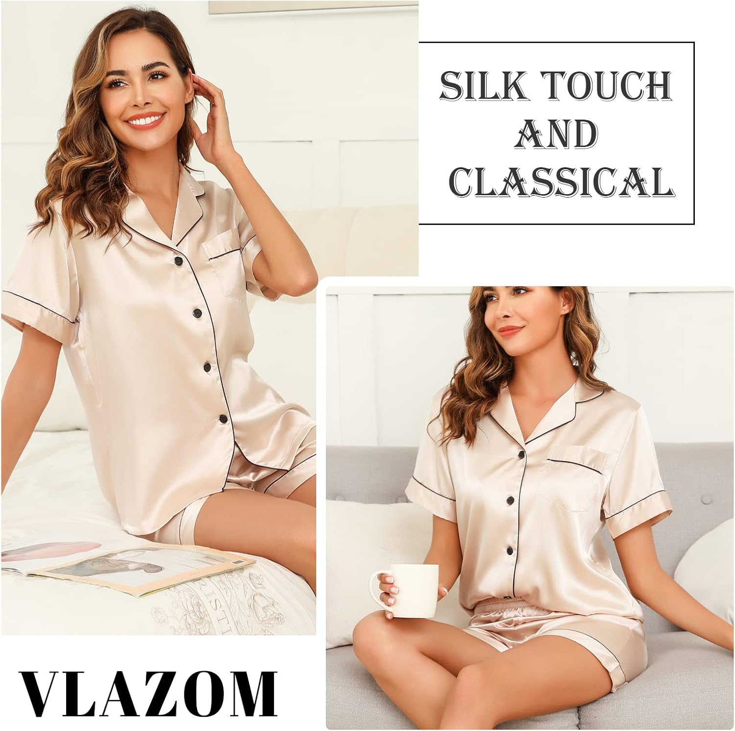 Vlazom Womens Silk Pajamas, Short Sleeve Satin 2 Piece Pj Sets Button-Down Sleepwear Loungewear Pjs Shorts Set S-XXL - Image 4