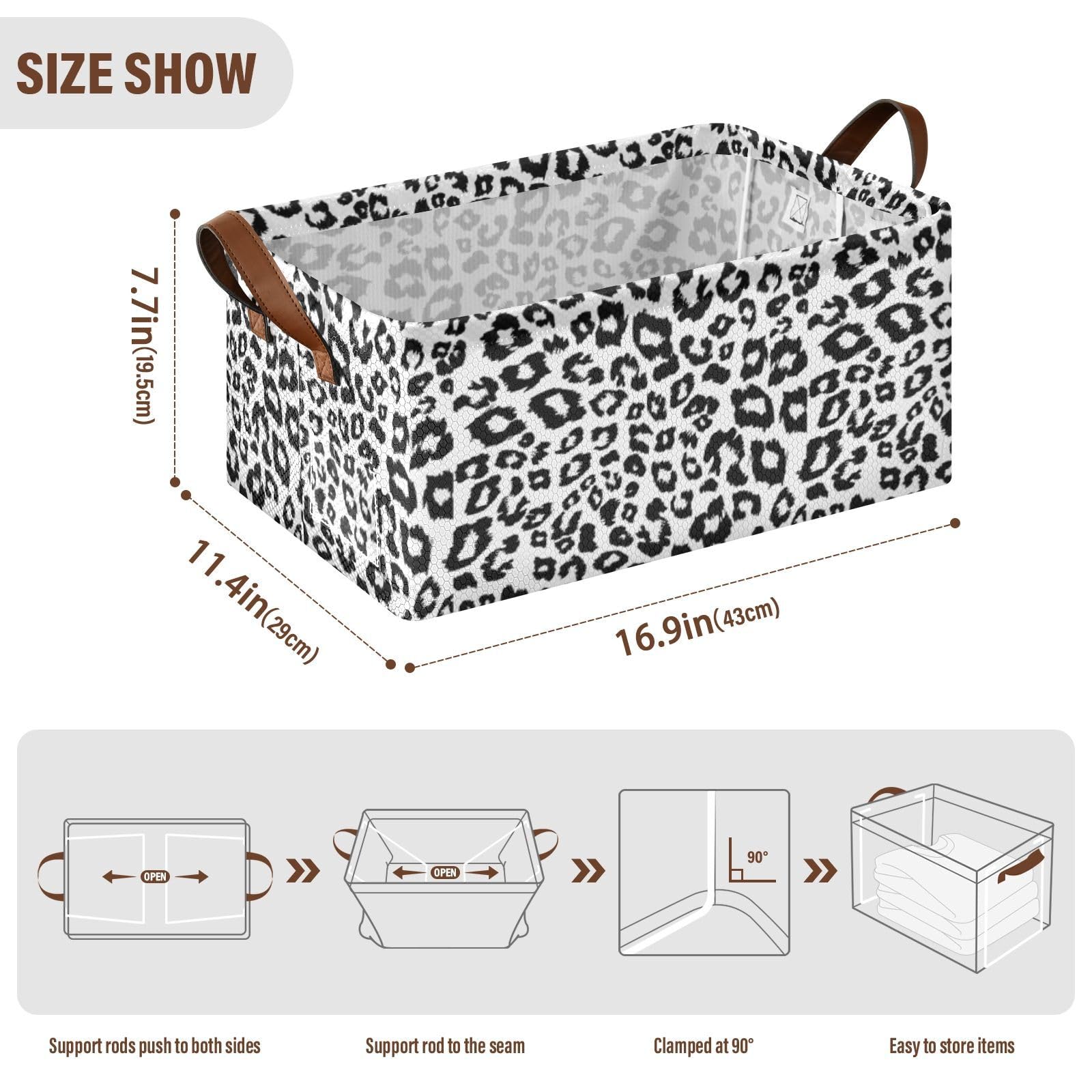 Fygkptb Seamless Black Leopard Skin Animal Print on White 1 PC Rectangle Foldable Frame Basket Leather Handles Storage Bin for Laundry Bathroom Organizer 16.9 x 11.4 x 7.7 inch