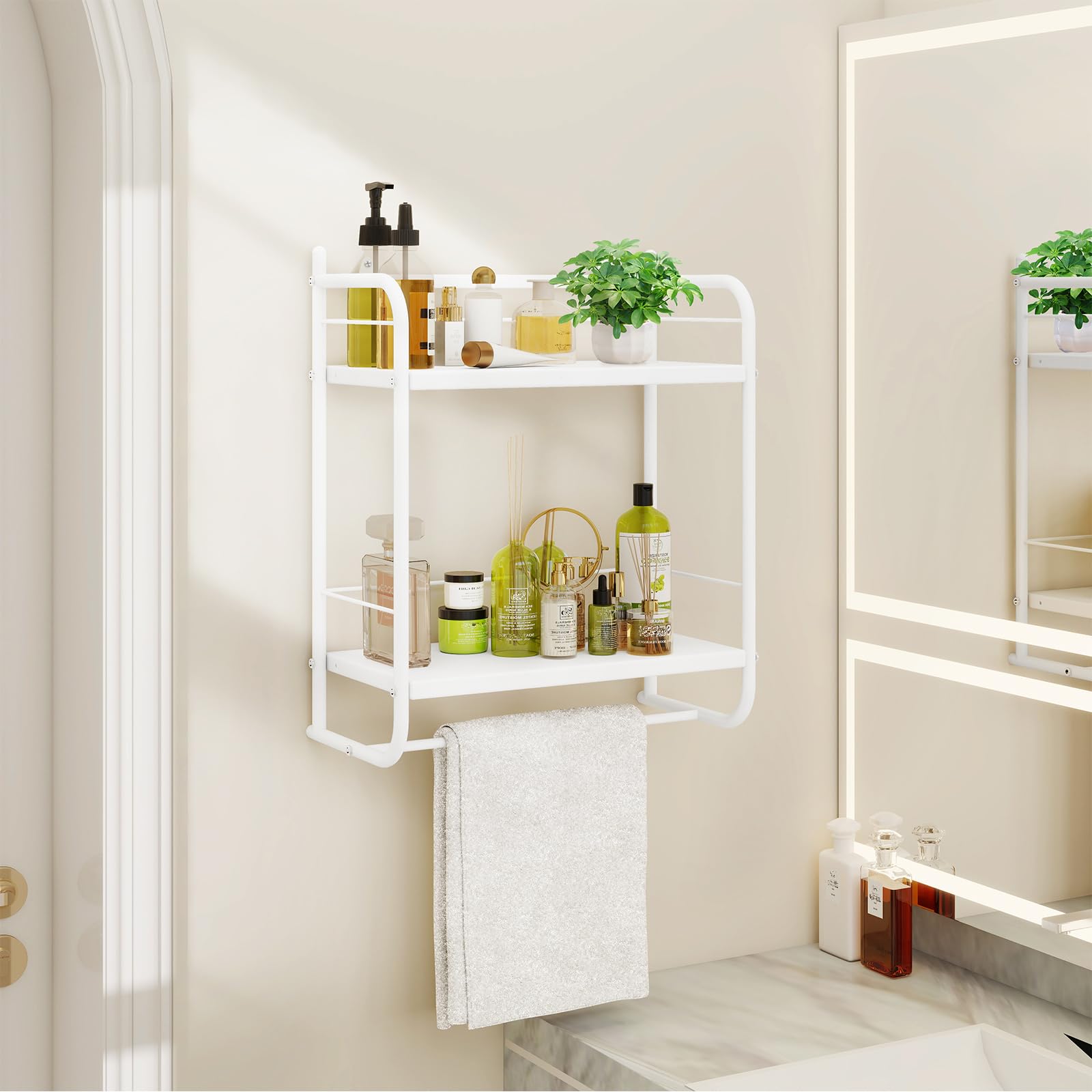 HDANI Estantería de Pared de Metal de 2 Niveles,con 2 estantes Ajustables,Estante de Ducha para baño,Dormitorio,salón,Cocina, Oficina en casa,lavadero,41×21,5×49,5cm,Blanco