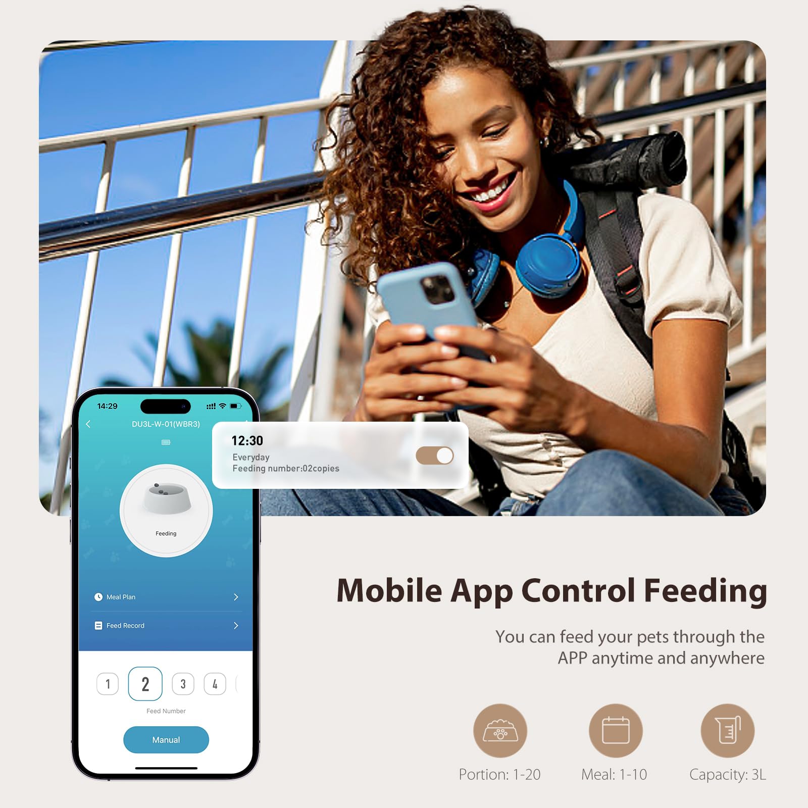 IMIPAW Distributore Automatico Cibo Gatti, Controllato da APP, 2.4G WiFi Alimentazione a Distanza, 10 Pasti al Giorno, 3L Dispenser Cibo Secco per Animali Di Piccola e Media Taglia