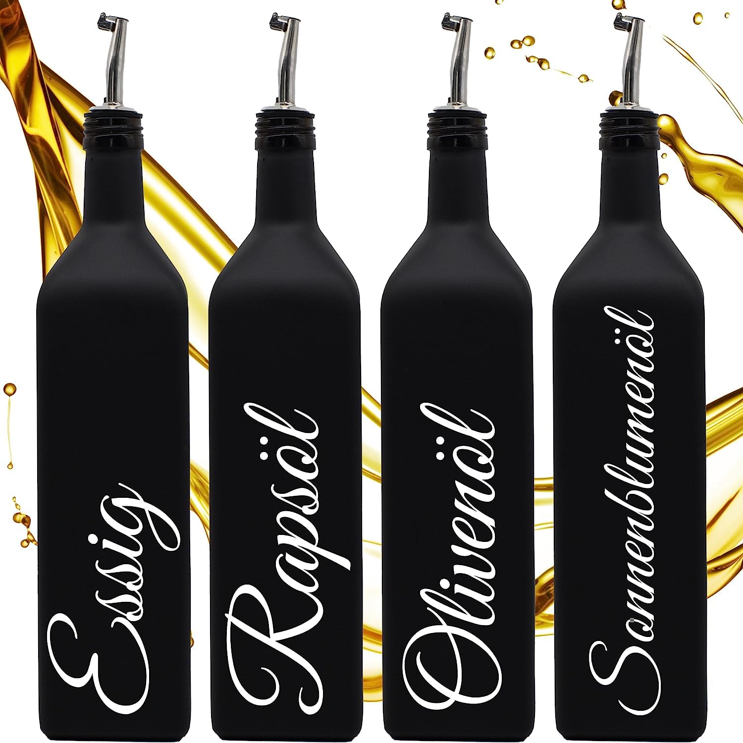 Generisch Ölflasche 1 Liter mit Edelstahl-Ausgießer - schwarz-matt - 4er Set - Glas - Haushalt - inkl. Trichter - Küche - hochwertig - Made in Germany (Ausgießer)