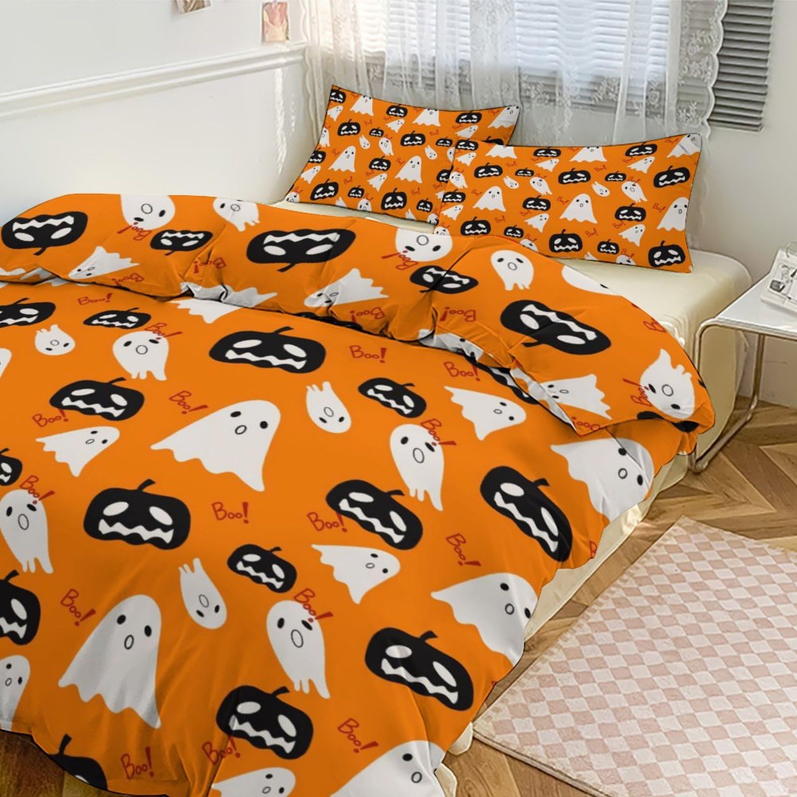 Custom Halloween Pumpkin Ghost Skull Duvet Cover with Name, Spooky Witch Hat Personalized Bedding Set Spider Webs Bat Customized Duvet Cover Set Trick Or Treat Cute Comforter Cover Set 3 Pieces