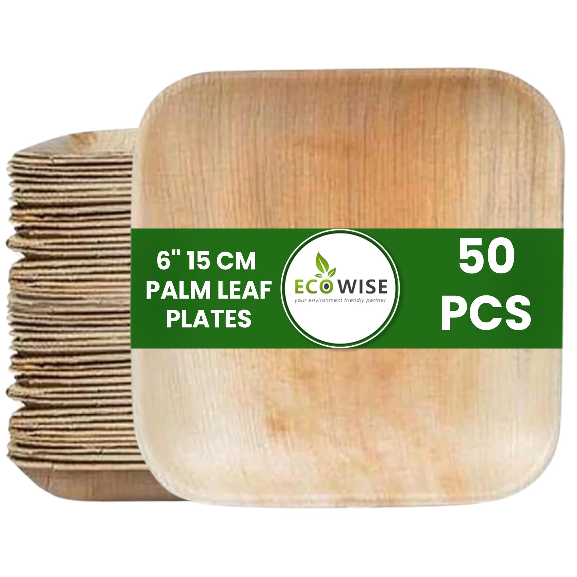 EcoWise 50 Palm Leaf Plates 6 Inch Square Eco-Friendly Biodegradable Compostable Bamboo Plates- Disposable Plates for Parties Picnic Perfect for Hot and Cold Food