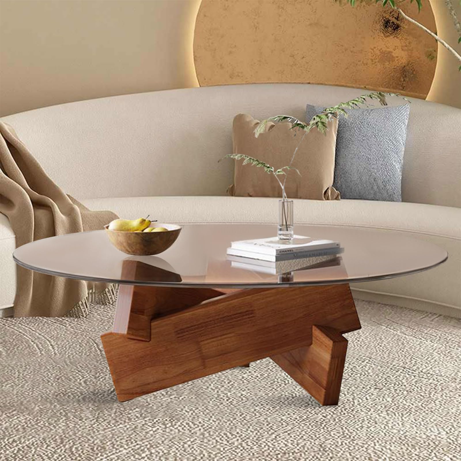 Tavolino Da Caffè Moderno | Vetro Temperato E Base Legno Noce | Triangolare 83x57x40 Cm | Per Soggiorno - Foto 4