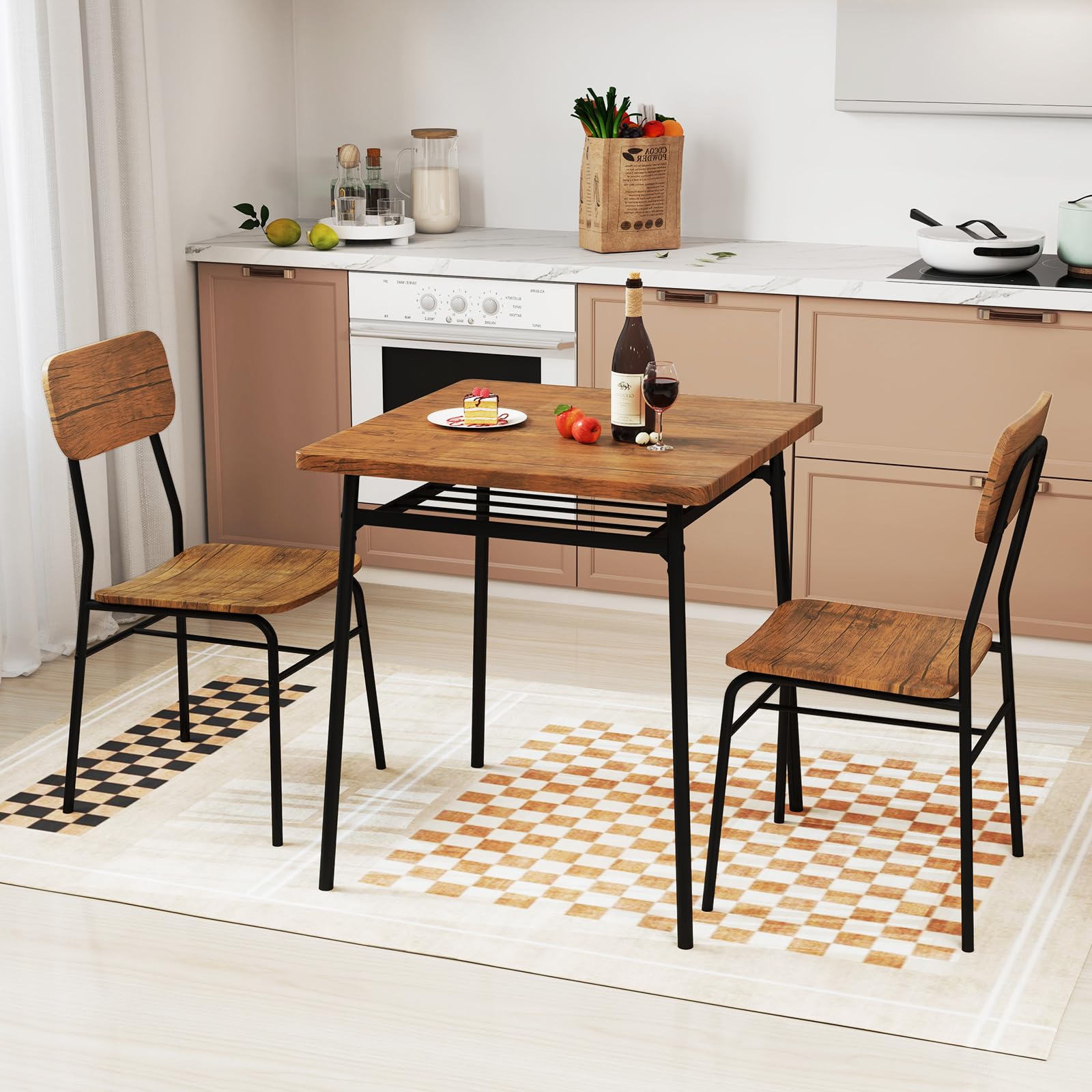 COSTWAY Set Mobili da Bar Tavolo e 2 Sedie, Tavolino Quadrato con Scaffale di Stoccaggio, Tavolo Birreria con 2 Seide per Balcone, Sala da Pranzo, Cucina e Ristorante (Marrone)