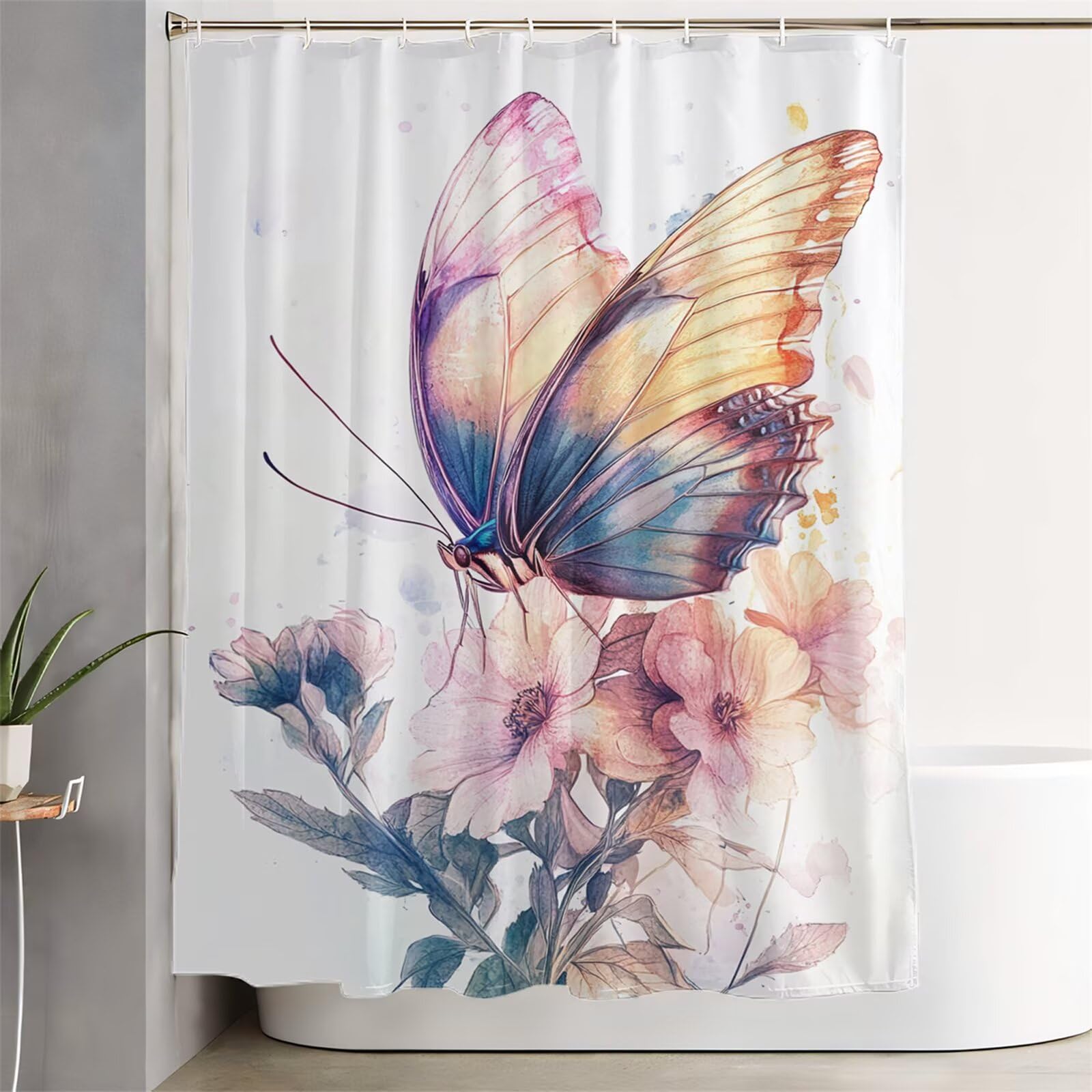 Zasłona prysznicowa w kwiaty, 200 x 240 cm, bardzo długa zasłona prysznicowa do łazienki, motyl, wodoodporna zasłona na drzwi z haczykami i obciążonym obszyciem, nadaje się do prania, szybkoschnąca