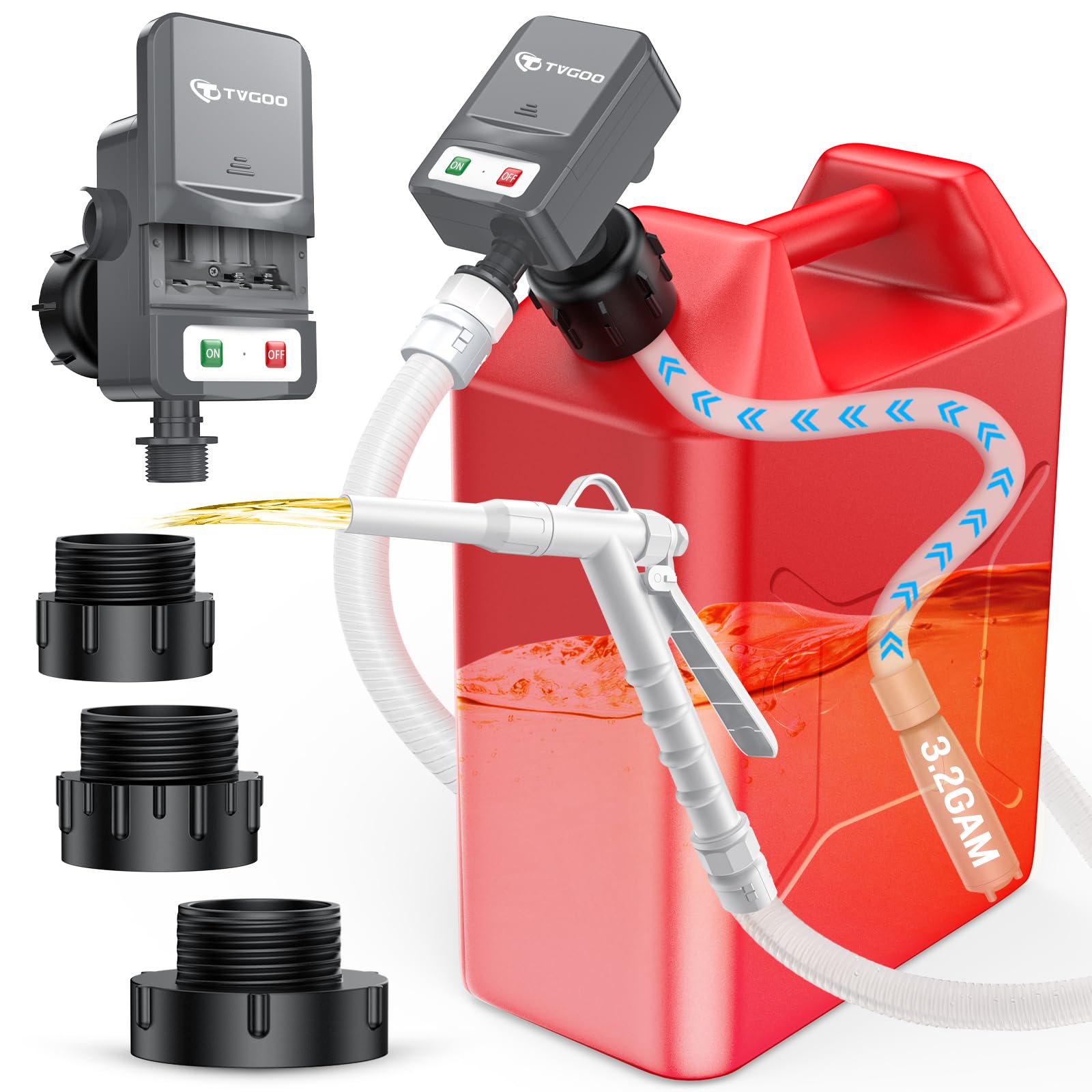 Portable Fuel Transfer Pump - Nozzle for Quick Flow Control, Battery Powered, 3.2 GPM, No Spill, 3 Tank Adapters for Gas/Diesel/Kerosene/Water (Gray)