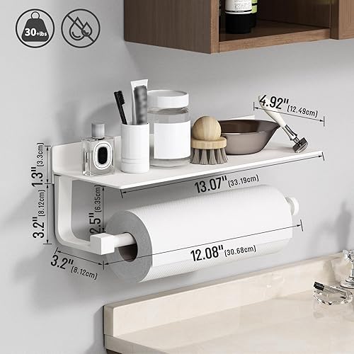 Miniatura 2 de Soporte de Toalla de Papel Danpoo Blanco con Estante para Montaje en Pared, Soporte Adhesivo para Toallas de Mano para Baño, Soporte para Toallas de