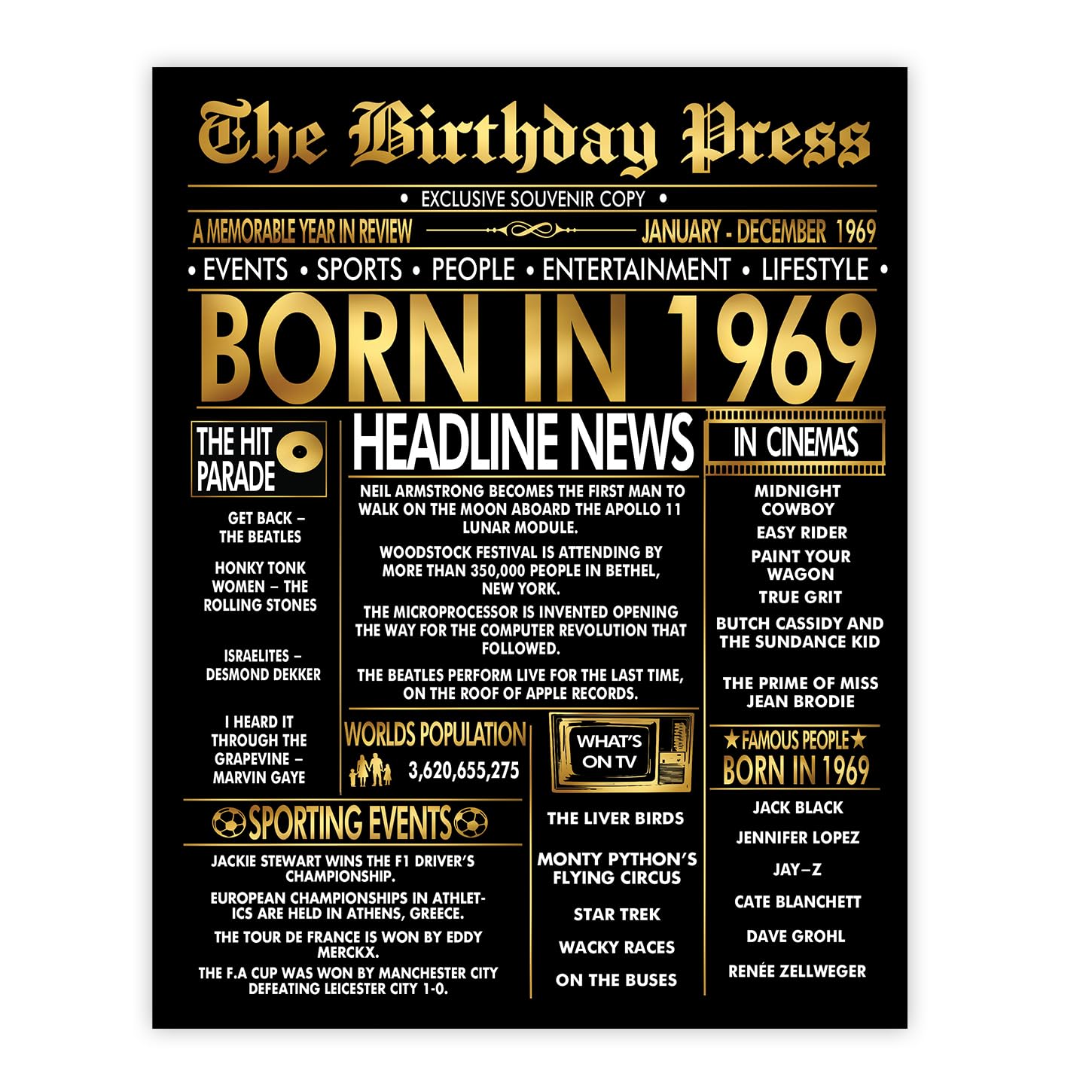 Stuff4 Gold 57th Birthday Poster Unframed - Golden Born In 1969 Newspaper - Happy 57 Birthday for Men Women Retro Vintage Gifts Back In 1969, 8x10 Inch Bday Party Decor Decoration