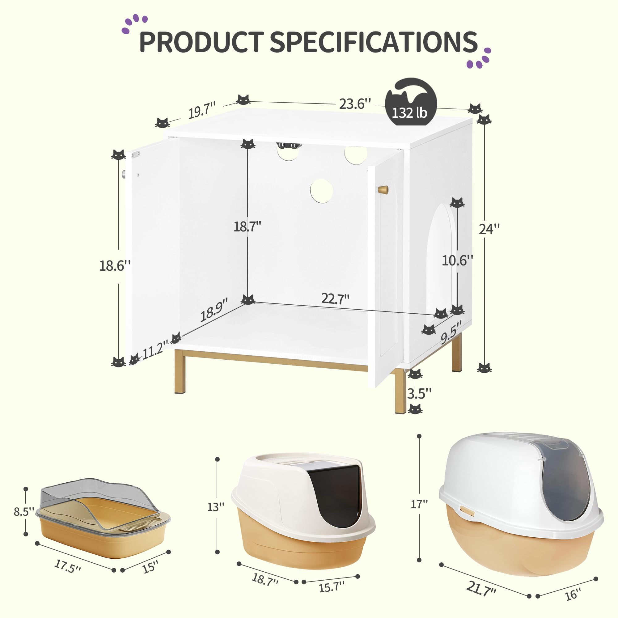 Hzuaneri Cat Litter Box Enclosure, Hidden Litter Box Furniture Cabinet, Wooden Indoor Cat House, Side End Table, Living Room, Bedroom, White and Gold CB81203G - image 2