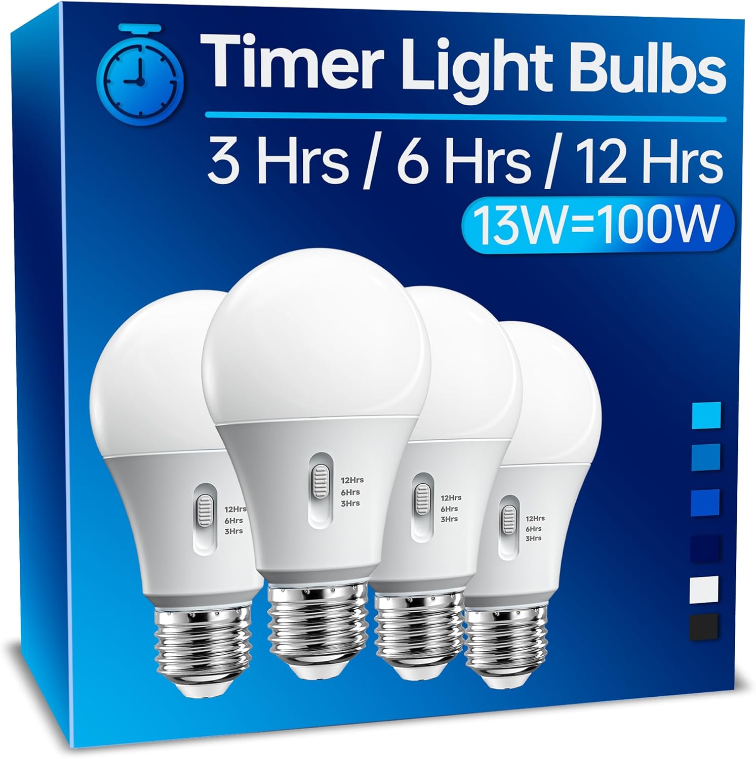 KINDEEP Timer Light Bulb Indoor: Light Bulb with Timer Built in 13W Equivalent 100W, A19 LED Light Bulbs Daylight 5000K, Automatic On/Off, Light Bulbs for Lamps Indoor, Porch Garage Security, 4Pack
