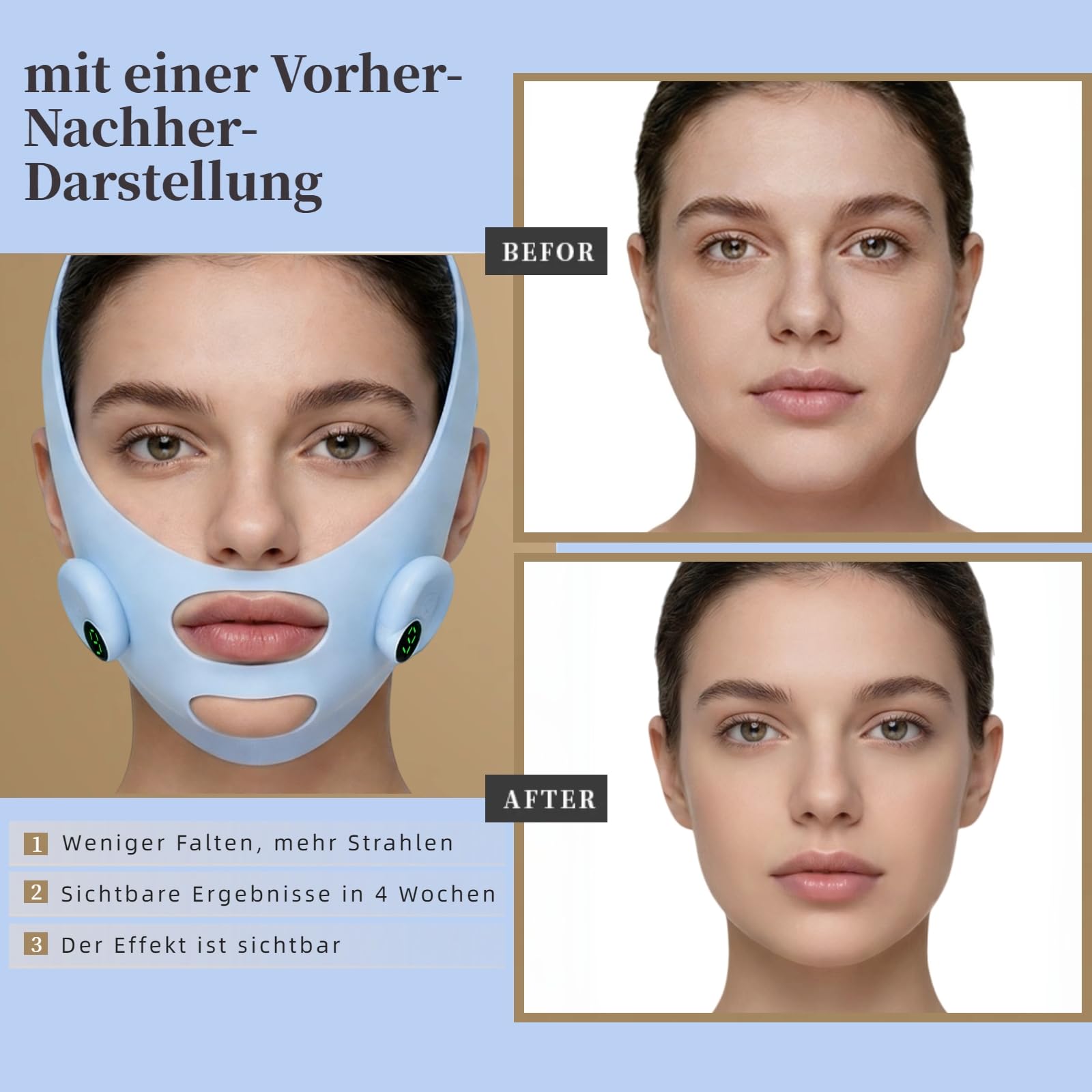 Wiederverwendbare V-Form Gesichtsstraffer-Pads, Gesichts-Schlankheits-Liftband für ein straffes Gesicht, Doppelkinn-Entferner, verstellbare Lift-Maske mit 6 Modi und 9 Intensitätsstufen