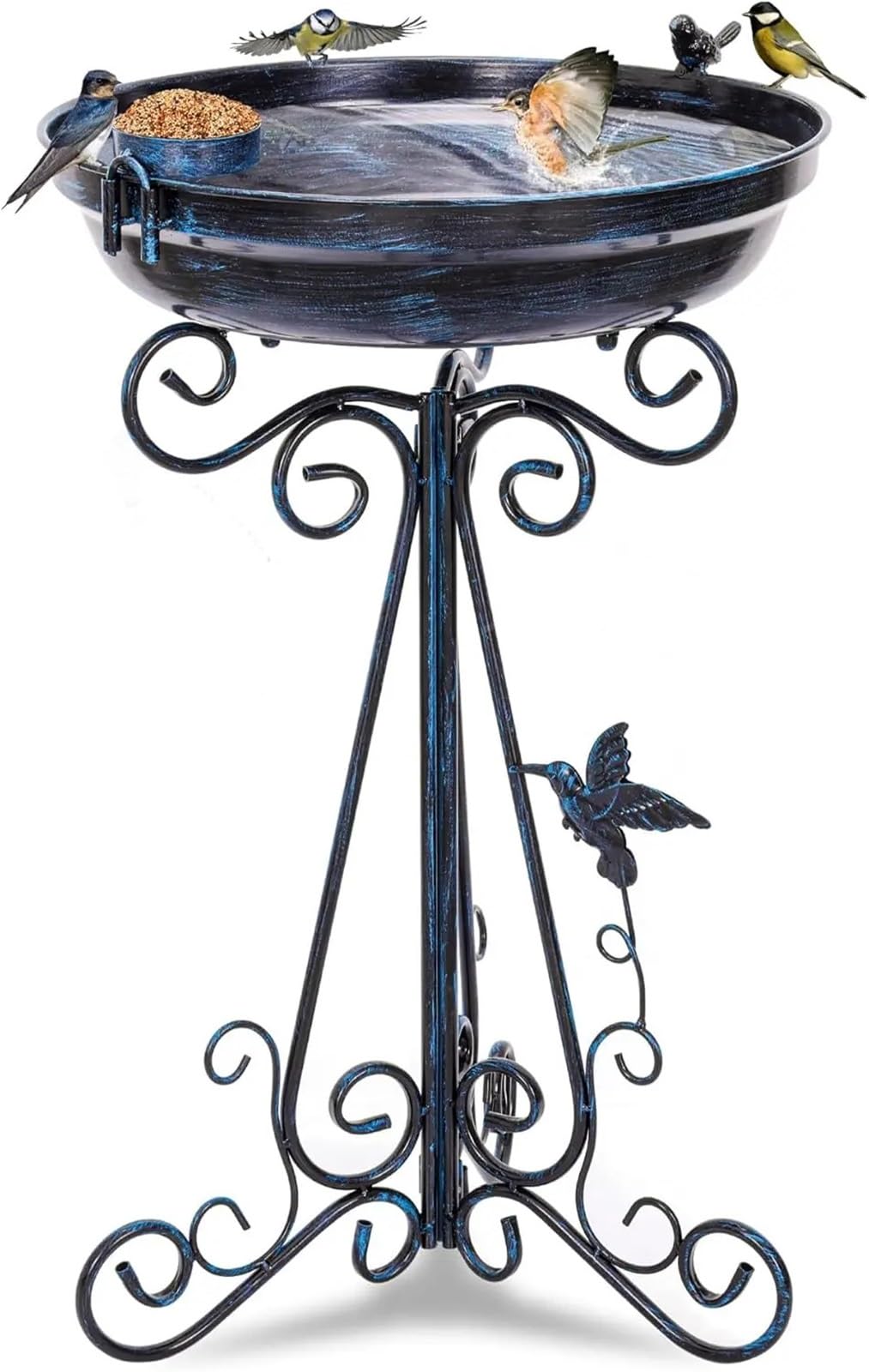 Metal Bebedero pajaros con Pie Bañera for pájaros Vintage de diámetro con Pedestal | Grandes baños antiguos for pájaros for exteriores, jardín, 17,7"(Blue)