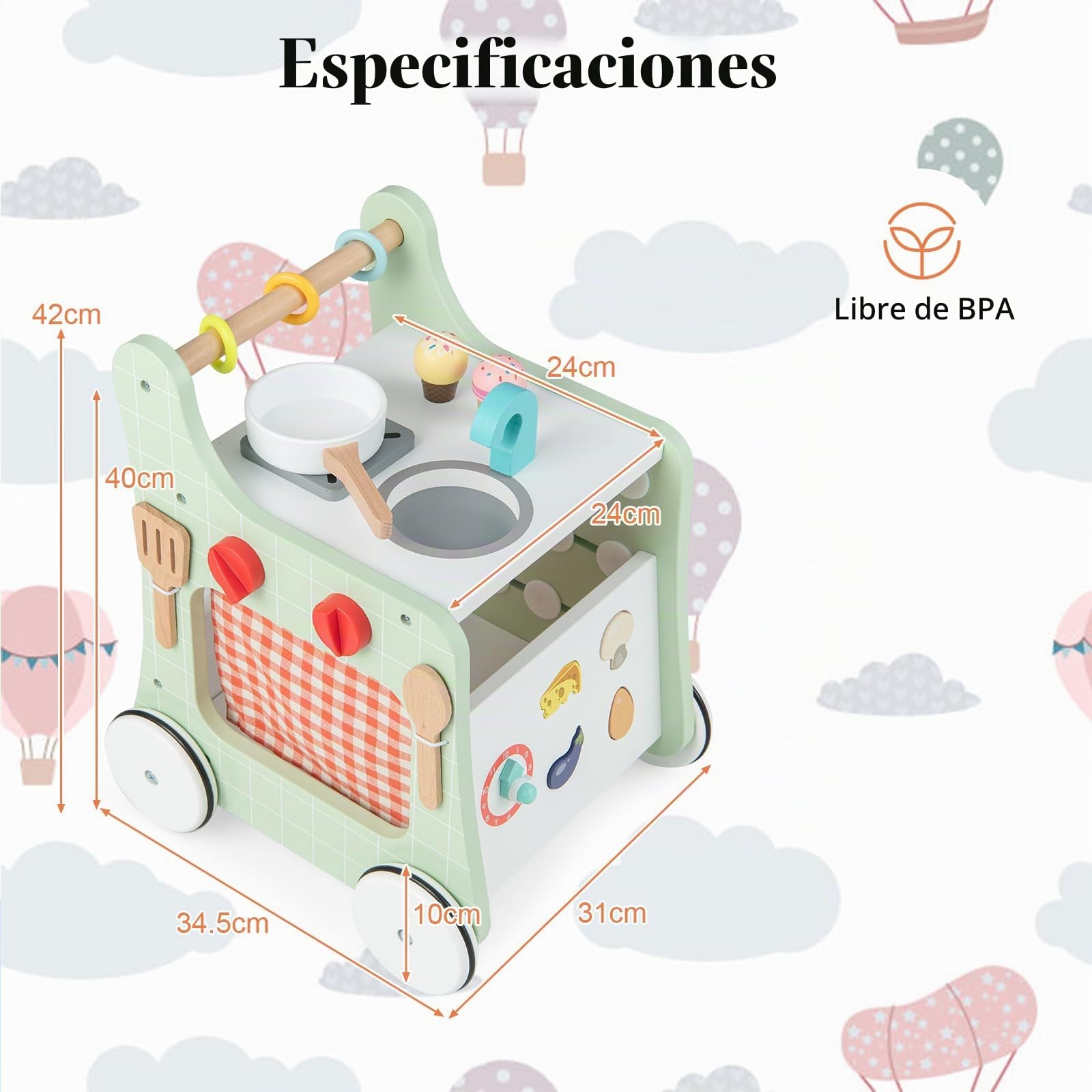 LIFEZEAL Andador para Niños de 1+ Años, Juguete de Cocina para Bebés, Carro de Madera para Empujar con Ruedas Silenciosas, Aprender a Caminar, andador para niño nacido (Verde)