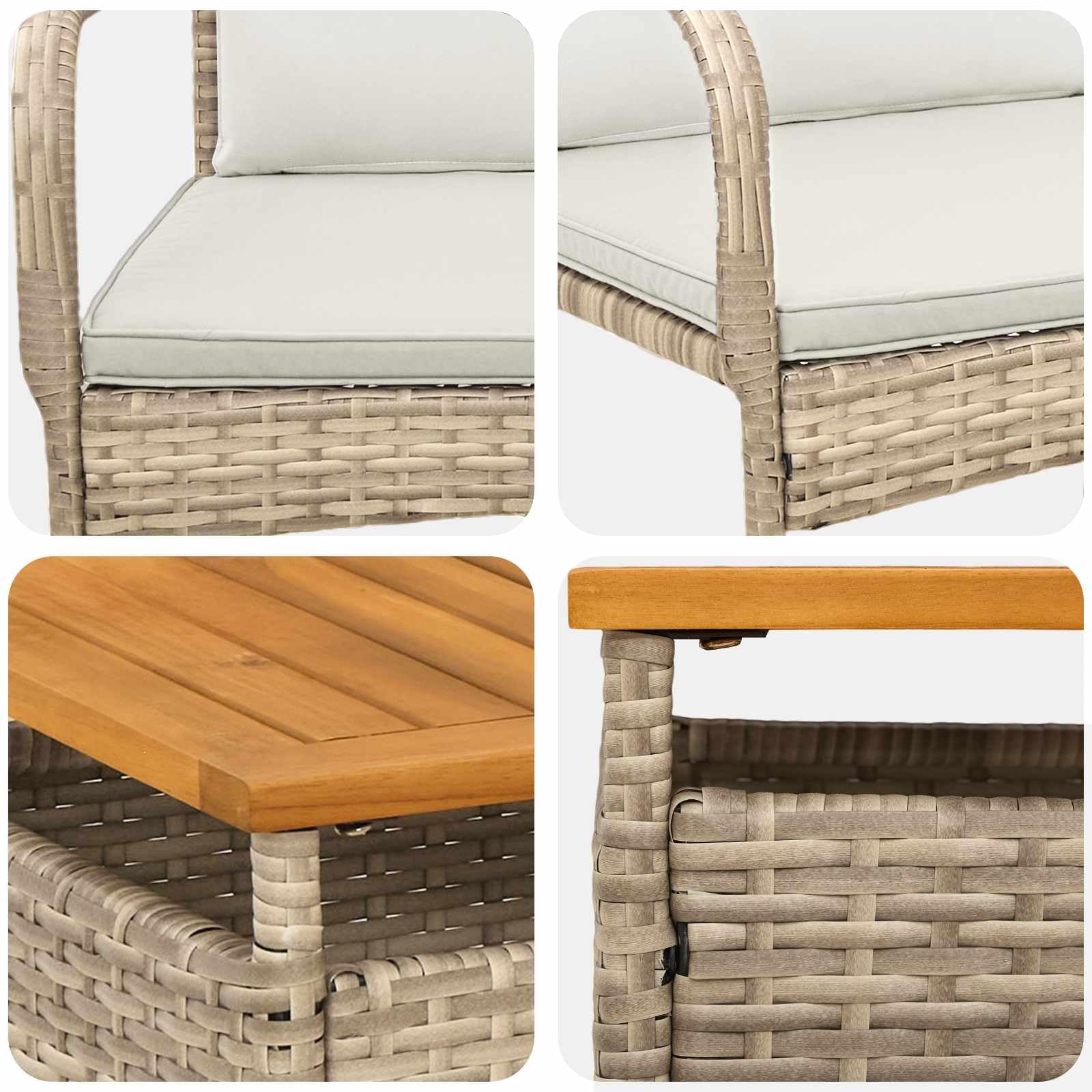 Juego de jardín con cojín de acero y polirratán, resistente a la intemperie, para balcón, terraza, jardín, mesa de madera de acacia y cómodo grupo de asientos, incluye cojines para exteriores