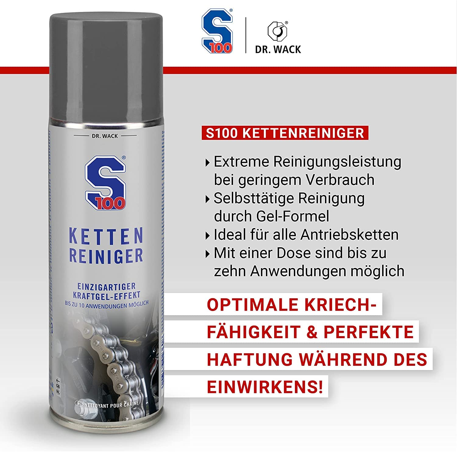 Motorrad Kette Reinigung & Pflege Bundle - Dr. Wack - S100 KettenreinigerI Motorrad-Kettenreiniger für O/X/Z-Ring + S100 High End Kettenspray 300 ml I Motorrad-Kettenöl+ 2x detailmate Mikrofasertuch