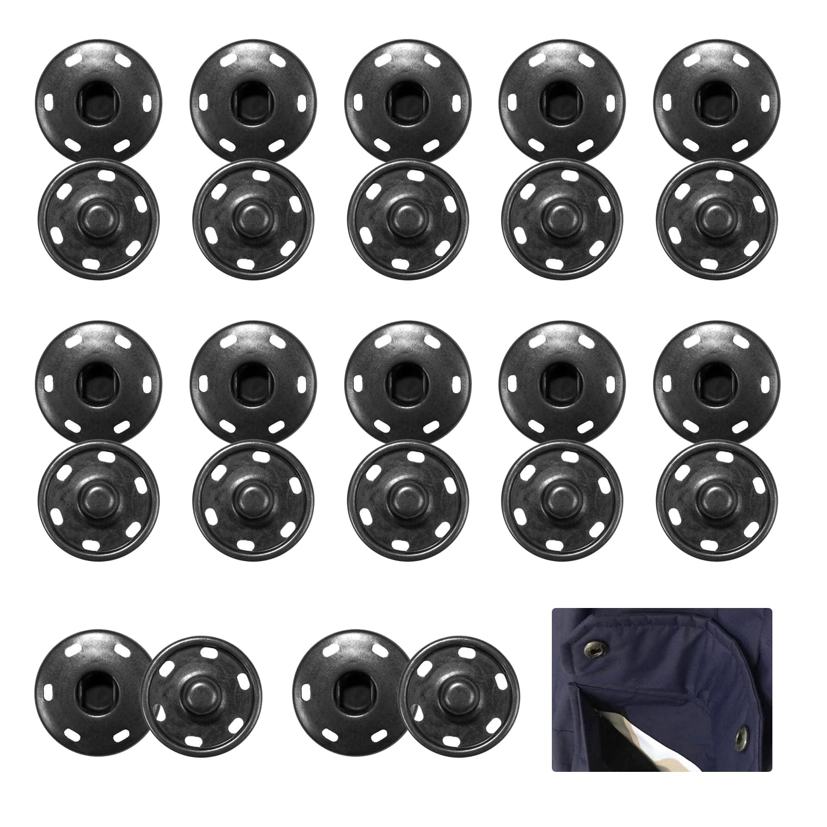 12 Pcs Poppers Fasteners,Large Press Studs Snap Fasteners for Clothing Kit,Heavy Duty Metal Black Buttons,21mm Sew-On Fastener Snaps for Jackets,Coats,Clothes,Bags & DIY Crafts (Durable & Rustproof)
