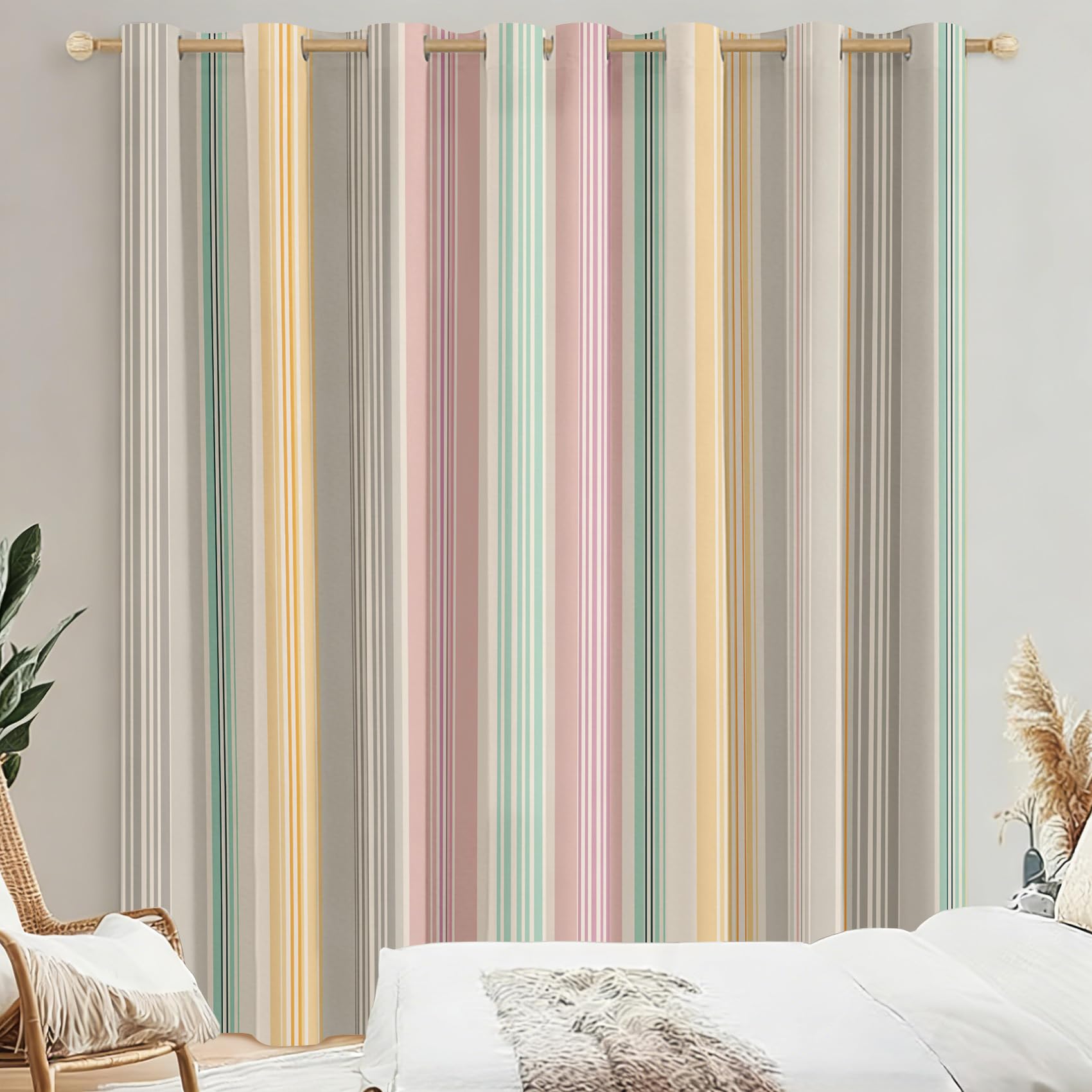 Stripe Curtains 95% Blackout, Pastel Striped Patterned Curtains for Living Room Bedroom, 63 Drop Eyelet Thermal Drapes Home Decor, 52x63 Inch 2 Panels X&-157
