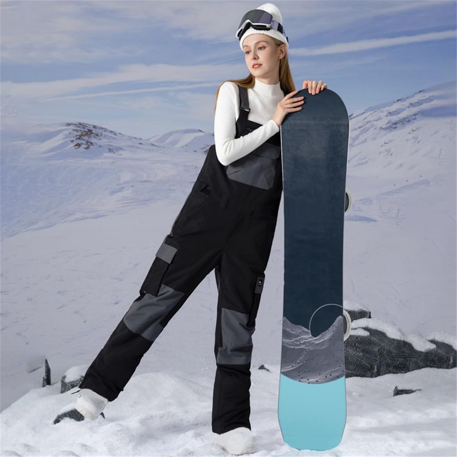 Womens Adjustable Snow Bibs Overalls Winter One-Piece Patchwork Outddor Snowboard Hiking Climbing Insulated Ski Pants