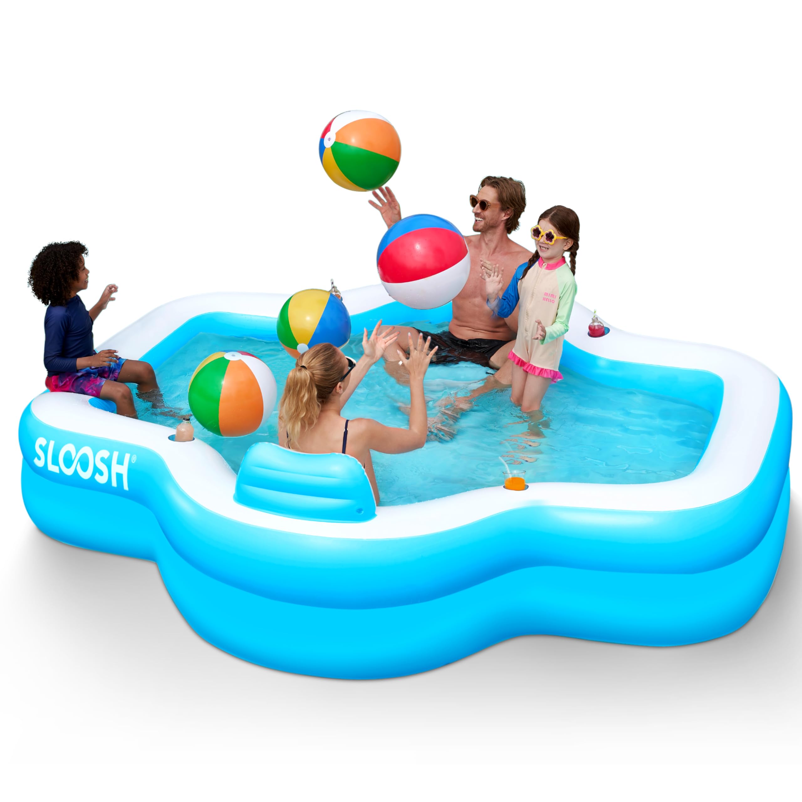 SLOOSH Inflatable Swimming Pool with Seats, 305 x 257 x 66 cm Full-Sized Blow Up Durable Thickened Above Ground Family Paddling Tanning Pool with Backrest Cup Holders for Summer Garden Lawn, Blue