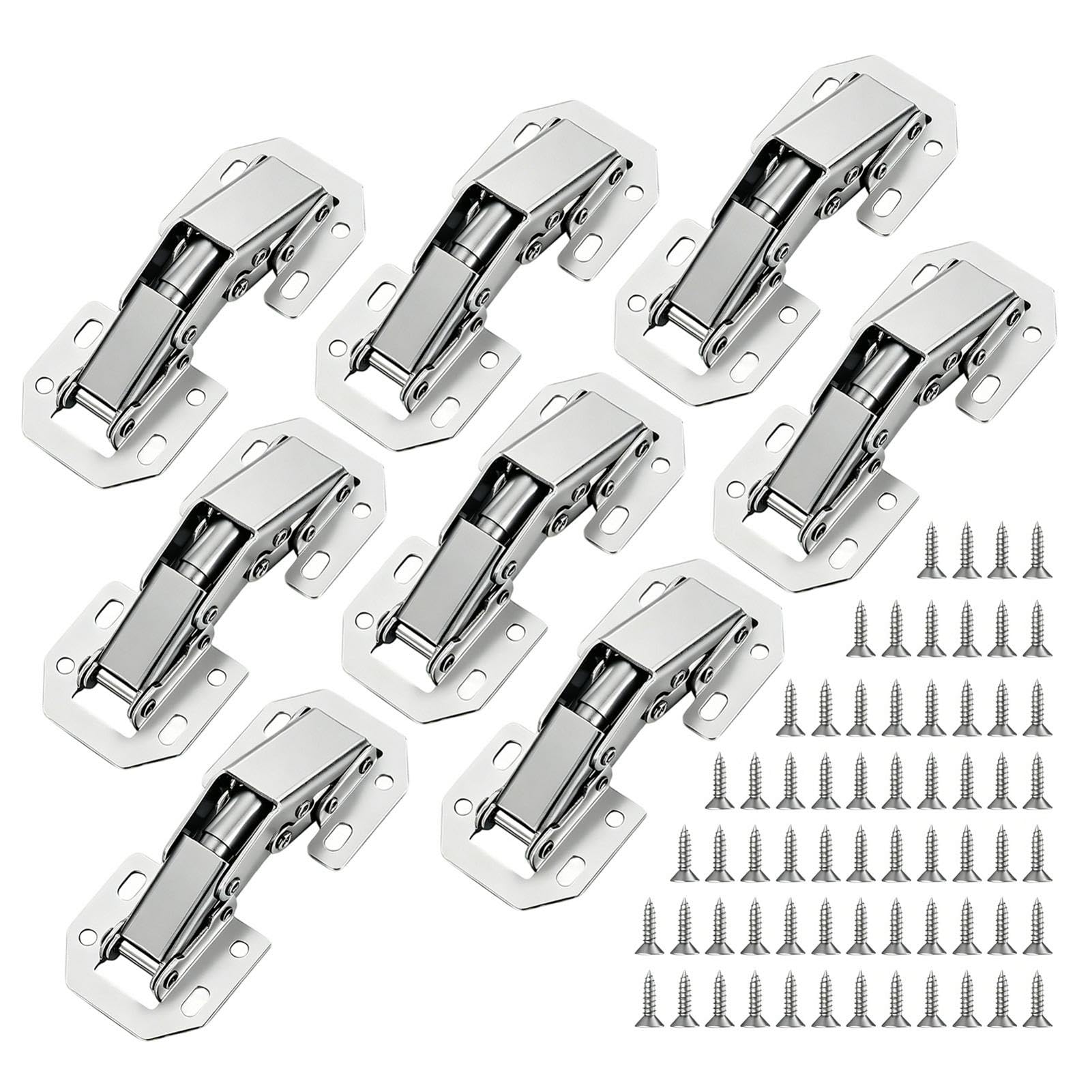 8PCS Soft Close Kitchen Cabinet Hinges, 35mm Cup Full Overlay Cupboard Door Hinges, 105° Hydraulic Quiet-Close, Stainless Steel, with 64 Screws for Wardrobe & Bathroom Cabinets