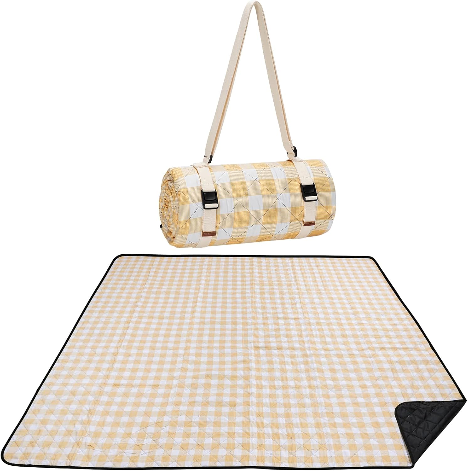 Picnic Blanket, 80''x80'' Waterproof Outdoor Blankets, Picnic Mat Washable for Beach, Picnic Blankets for Camping on Grass with Shoulder Strap - Yellow & White Yellowcheck
