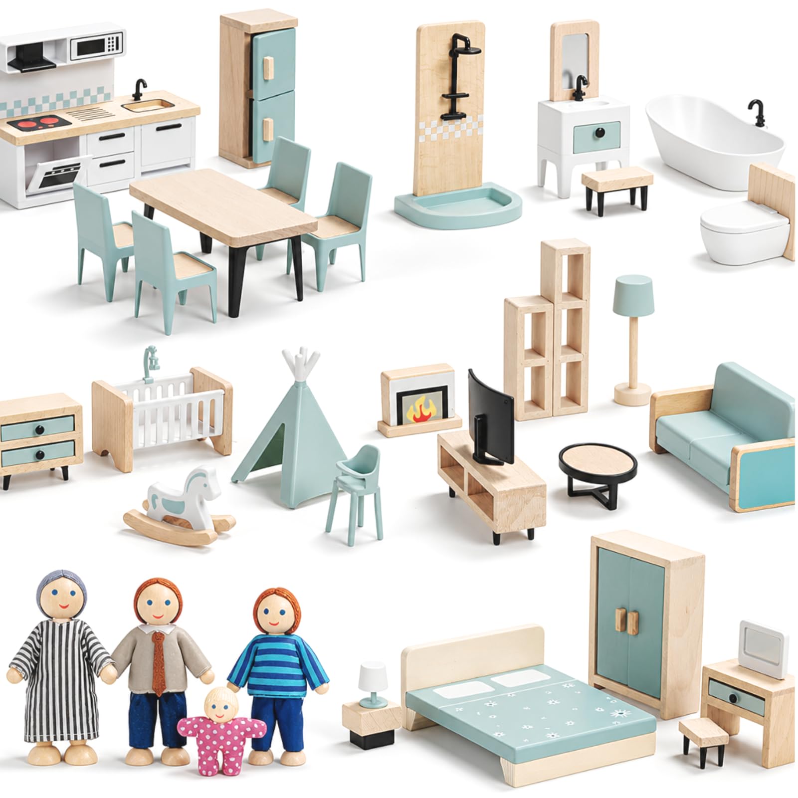 Giant bean 36pcs Wooden Dollhouse Furniture Set 5 Rooms 4 Family Dolls
