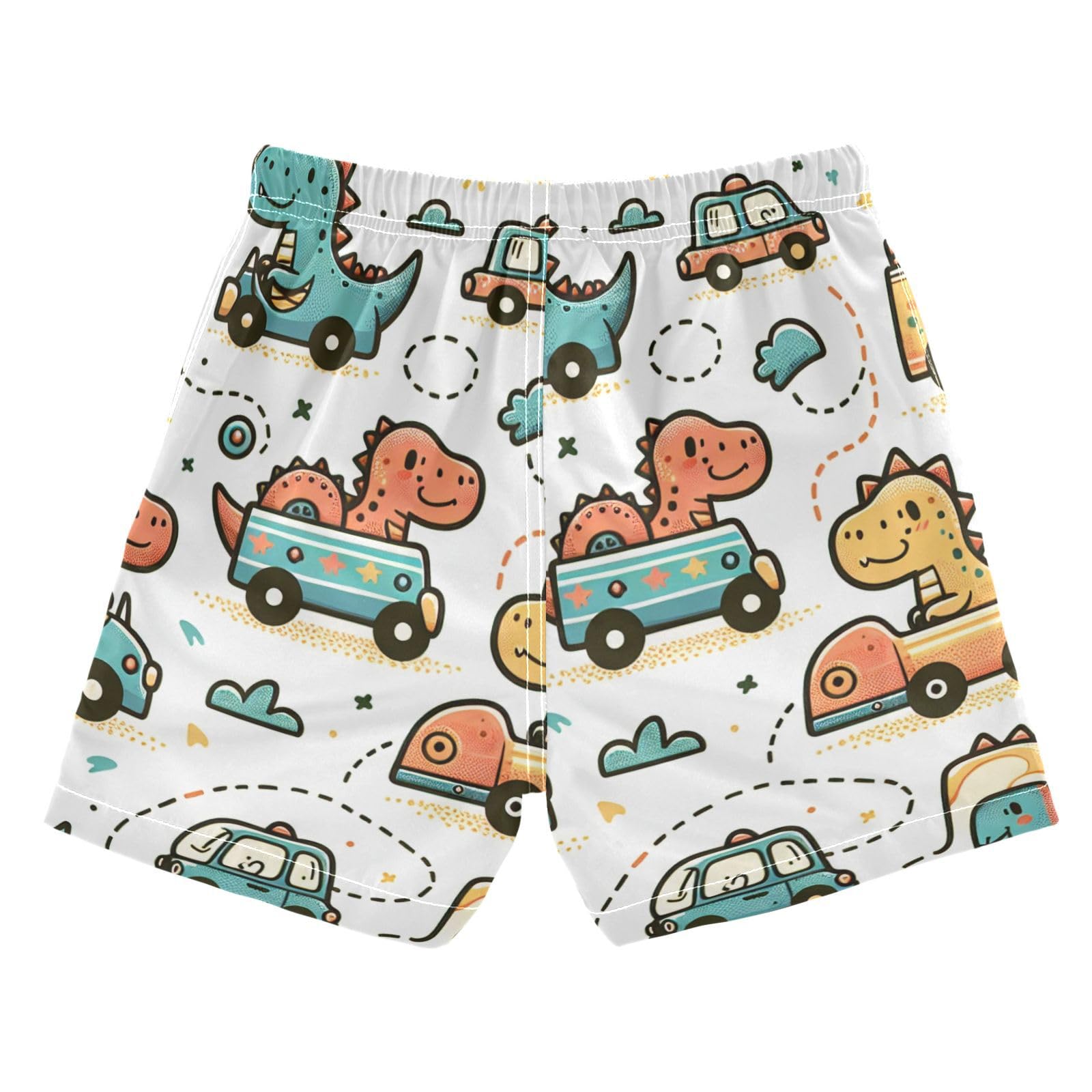 FLildon Cute Dinosaurs Drive Cars Little Boys Swim Trunks with Mesh Lining Quick Dry Beach Board Shorts, 3T
