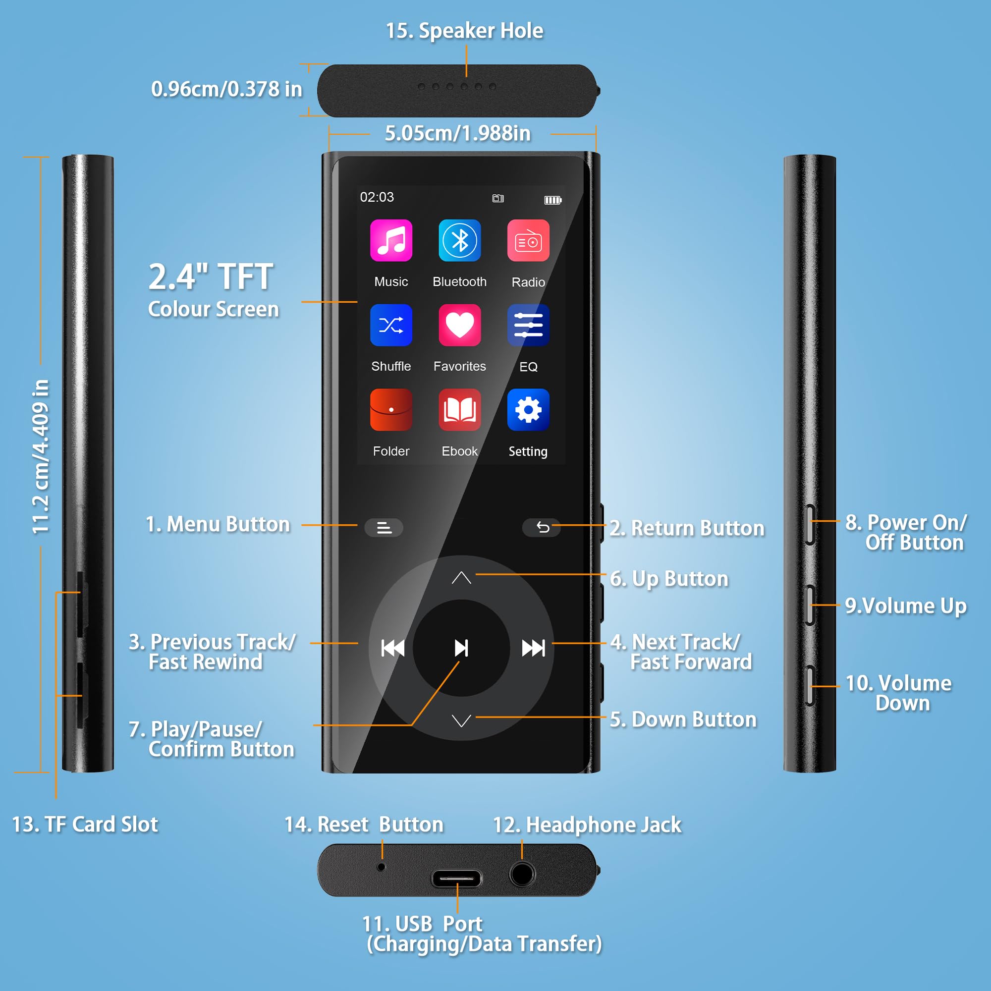 Lecteur MP3 Bluetooth 5.3, MP3 Player avec 2 Emplacements pour Cartes TF, Écran Couleur 2,4", Bouton Tactile, Haut-Parleur, Son HiFi, Jusqu'à 256 Go