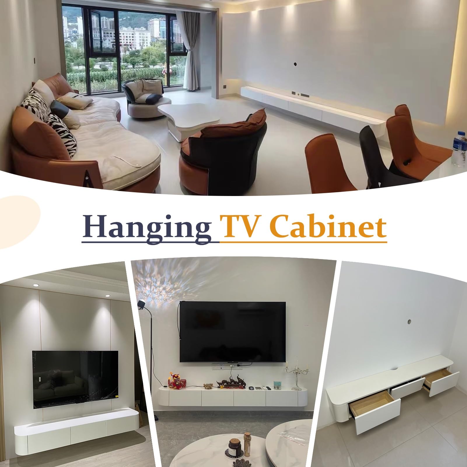 Floating TV Unit, Wall Mounted TV Cabinet, Floating Shelves With 4 Cabinets, Wooden Entertainment Media Console Center Large Storage TV Bench For Living Room & Office(White,200cm)