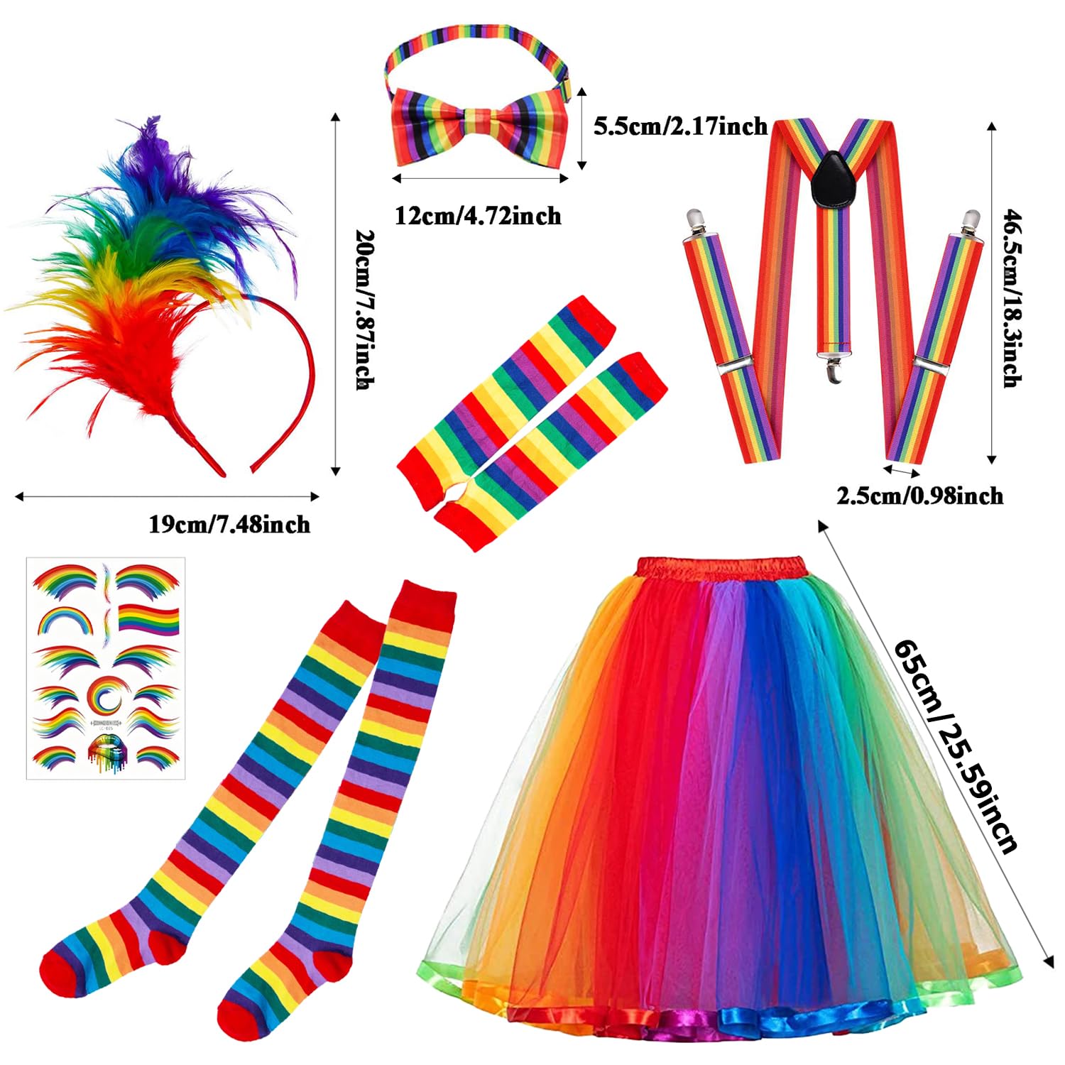 Gonna a tutù Arcobaleno da Donna,Tutu Arcobaleno Capelli con Piume Arcobaleno,Accessori da Donna Abbigliamento Neon Anni '80 Set,Gonna Tulle Donna per Festival,Carnevali,Gay Pride