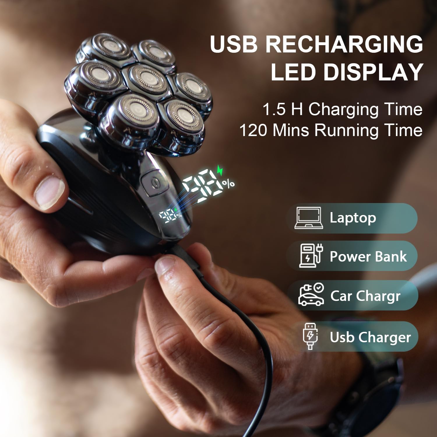 Head Shavers for Bald Men: Upgraded Detachable Head Shaver - IPX7 Waterproof Wet or Dry Electric Razor for Men - 7D LED Display Rechargeable Shaving Grooming Kit with Type-C Charge - Image 4