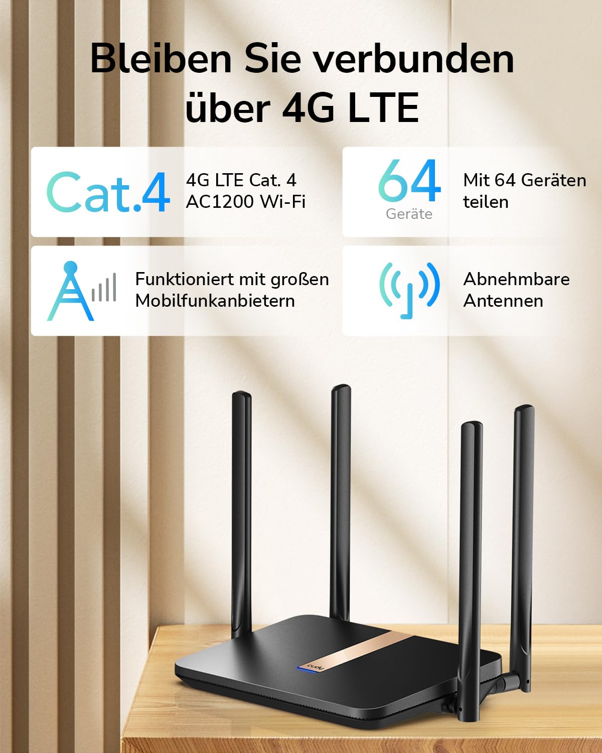 Cudy AC1200 entsperrter 4G LTE Modem Router mit SIM-Kartensteckplatz, 1200 Mbit/s Mesh-WLAN, austauschbaren Mobilfunkantennen, SMA, DDNS, VPN, Cloudflare, LT500D mit austauschbarer Antenne
