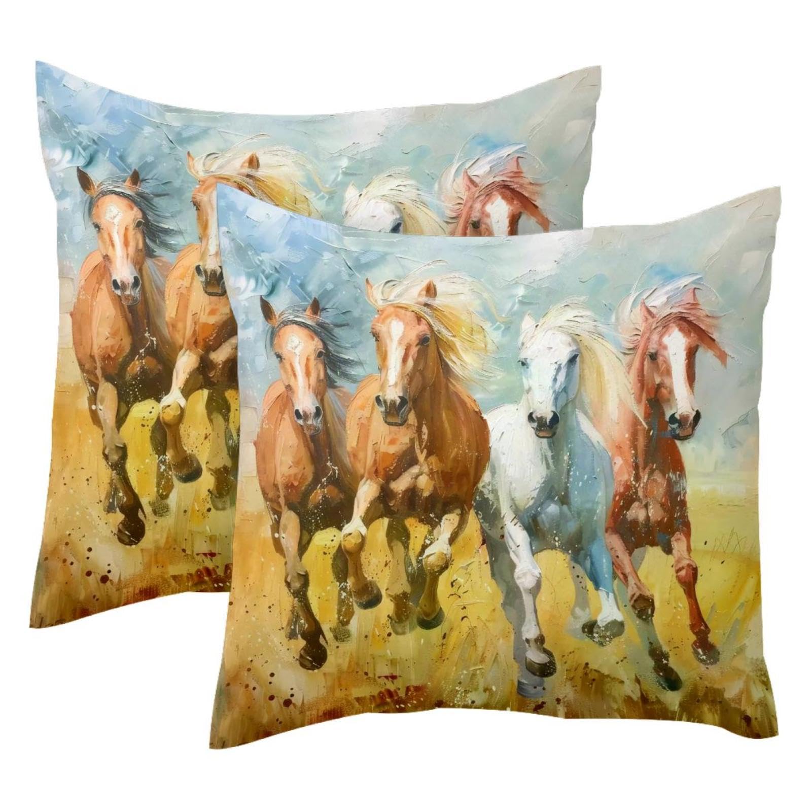 Housses de coussin velours chevaux peints 50x50cm pour une ambiance chaleureuse