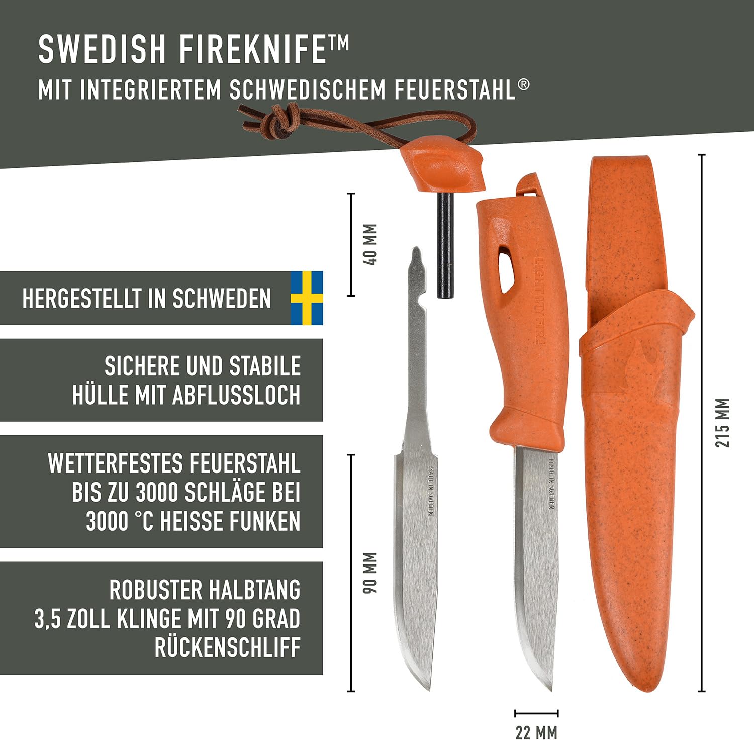 Light My Fire Messer mit Feuerstein - FIREKNIFE - Bushcraft- und Outdoor-Messer Hergestellt in Schweden, Rusty Orange