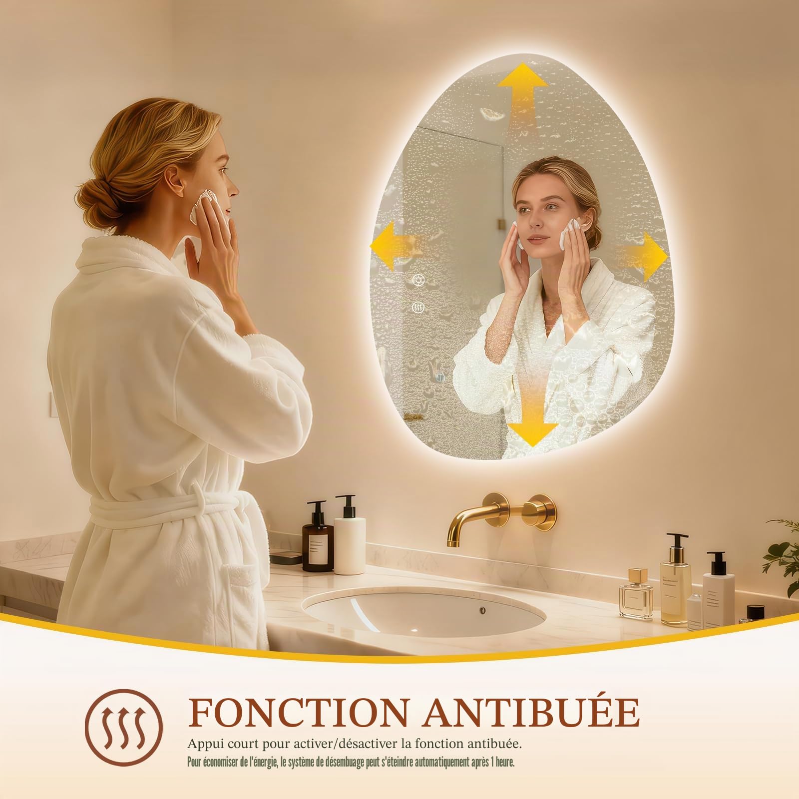 Clevich Miroir de Salle de Bain avec éclairage asymétrique 80 x 60 cm, Miroir LED avec 3 Couleurs de lumière à intensité Variable, Verre trempé, Interrupteur Tactile, Fonction mémoire, Anti-buée