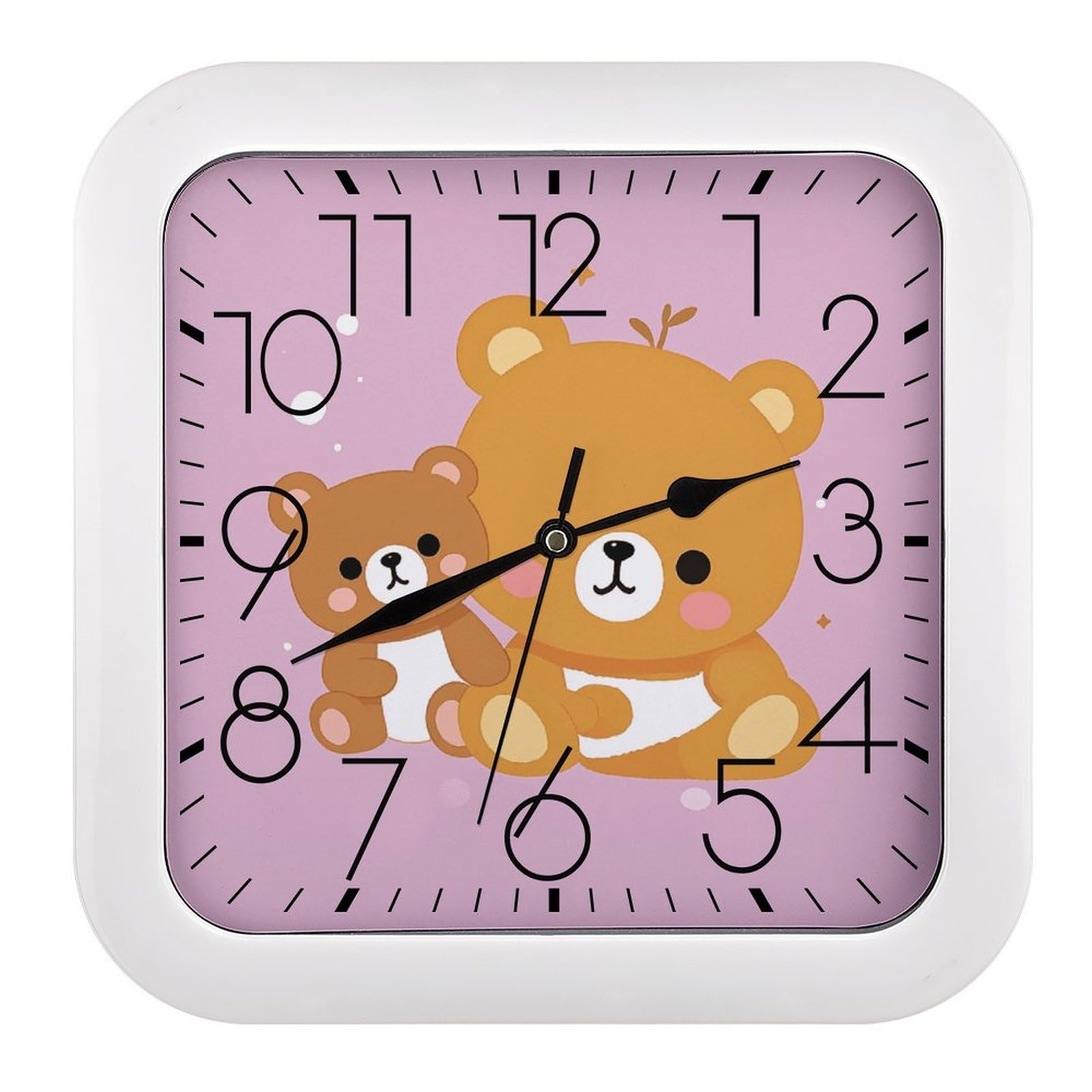 Horloge murale carrée sans tic-tac fonctionnement à piles motif ours en plastique