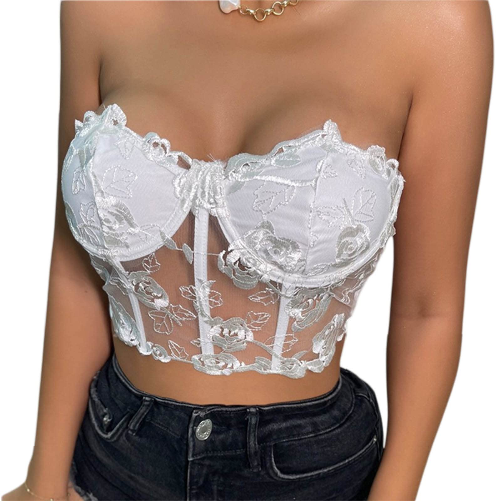 Women's Sexy Lace Corset Crop Top Y2K Sleeveless Spaghetti Strap Cami Tanks Push Up Bustiers Corsets Clubwear |B-Floral White |S-image-48