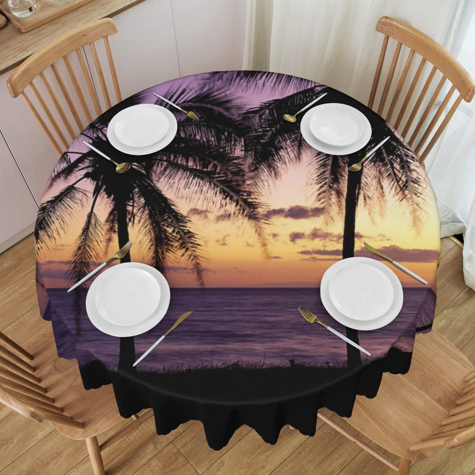 DCEHGEW 60 In Round Tablecloth with Lace, Sunset Beach Palm Tree Printed Oilproof & Washable Fabric Picnic Table Cloth Table Covers