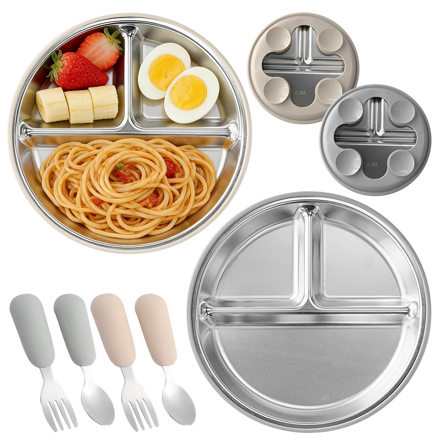 Prodotti Baby Sicuri Piatti Bambini In Silicone Con Ventosa - Set 4 Pezzi Divisori E Coperchi