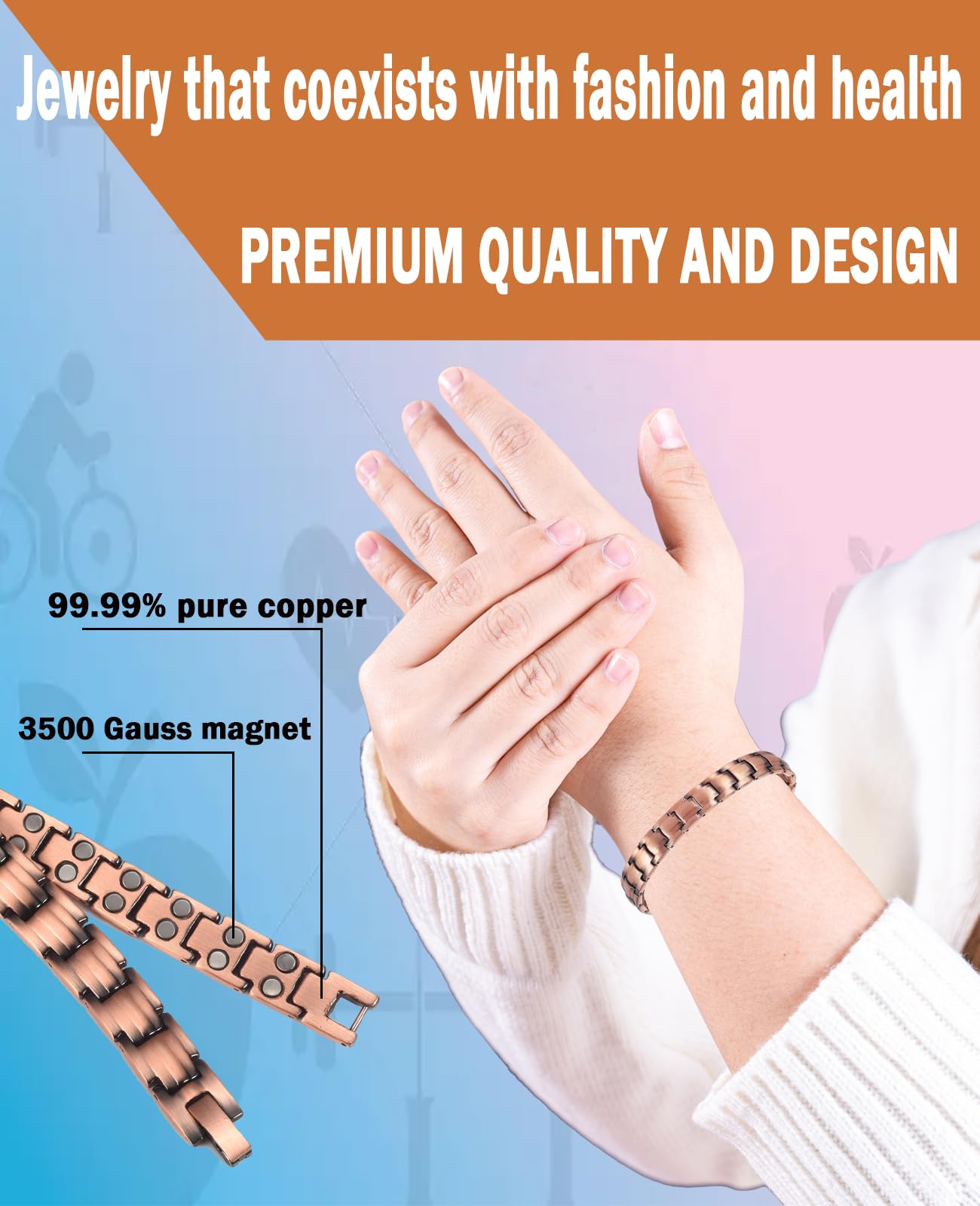 Bracciale in Rame Magnetico con magneti Extra Forti 1200 Gauss per Gioielli Donna 19.5CM / 10MM per artrite Sollievo dal Dolore Prime Magnet Terapia e bracciali antidolorifici Aumento dell'energia