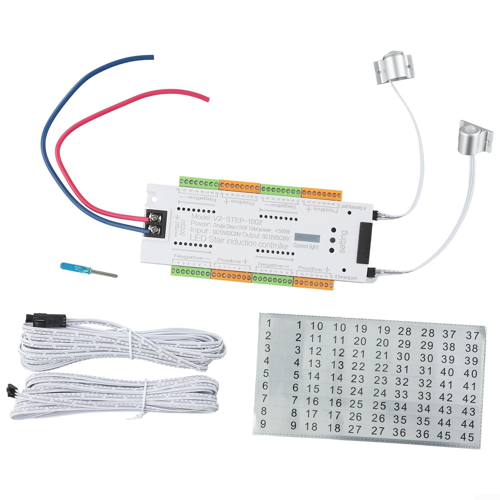 Sensore di movimento a 32 canali, regolatore di luce per scale, DC12V-24V, sistema automatico di illuminazione a LED con 2 sensori PIR, per casa, corridoio, scala fino a 32 gradini (set di