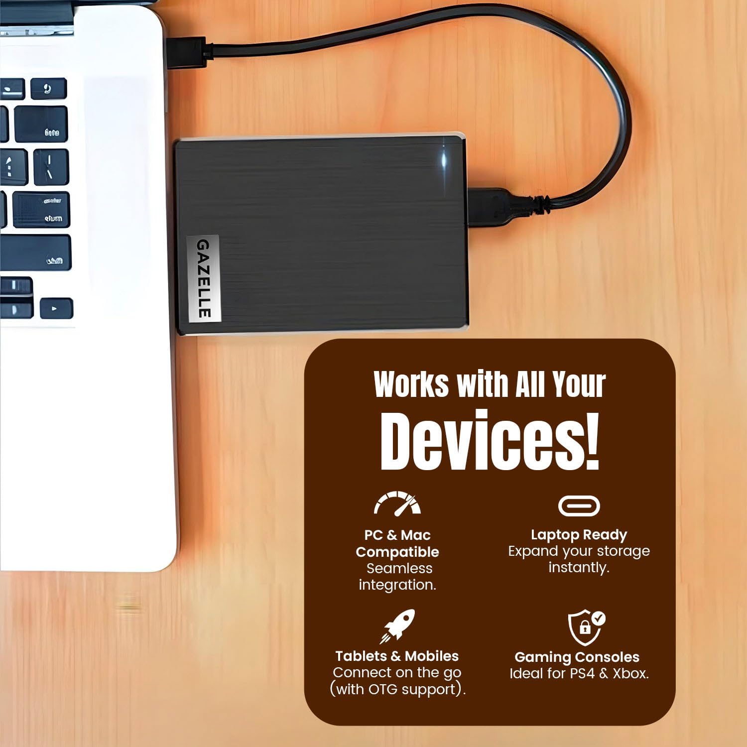 GAZELLE Disco duro externo portátil ultradelgado de alta velocidad de 1 TB, 2 en 1 tipo C y USB 3.0, compatible con PC, Mac, portátil, PS4, Xbox, iPad, tableta, móvil (negro)