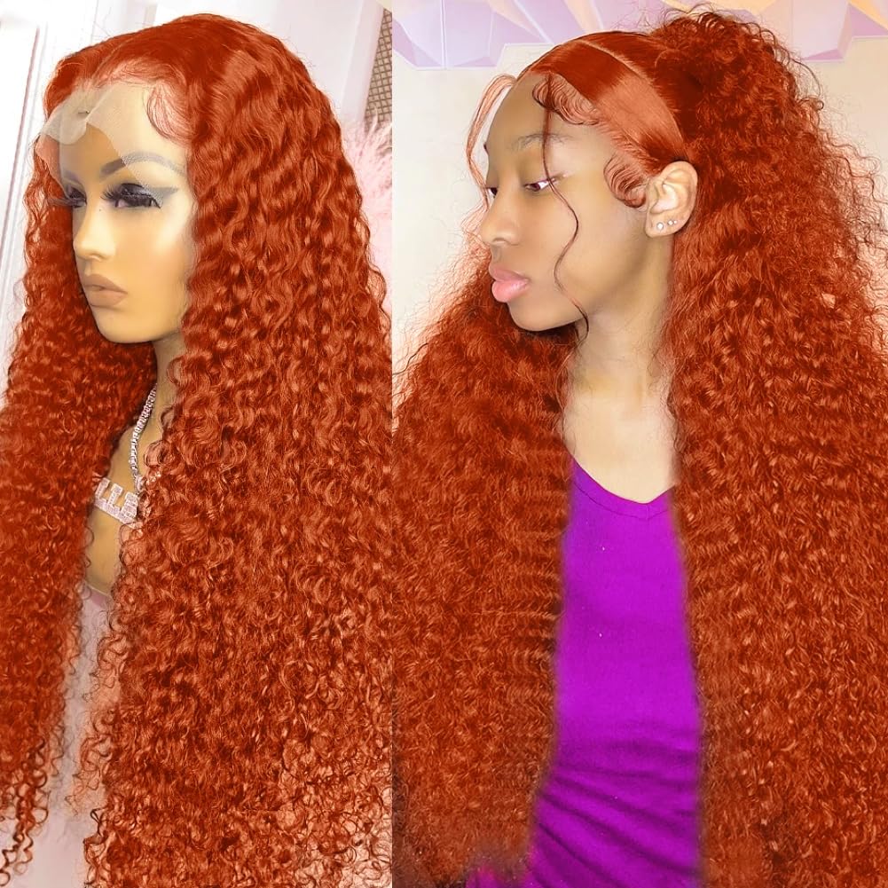 ALSZIQIHR Ginger Orange Water Wave Lace Front Wigs Human Hair Colored 13x4 HD Transparent Lace Frontal Wig for Black Women 180% Density Pre Plucked